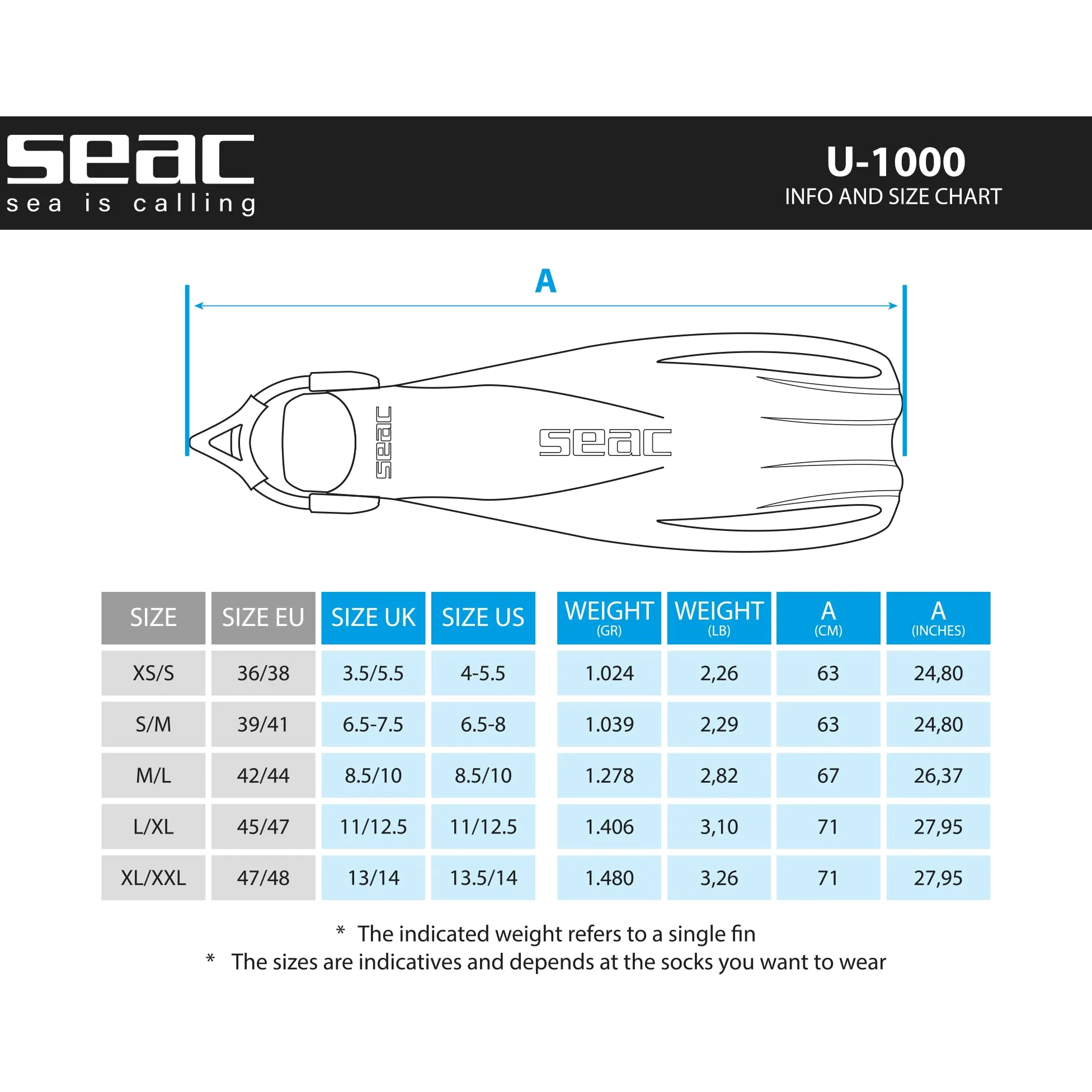 SEAC U-1000, Pinne da Subacquea per Uso ricreativo e Professionale Unisex Adulto