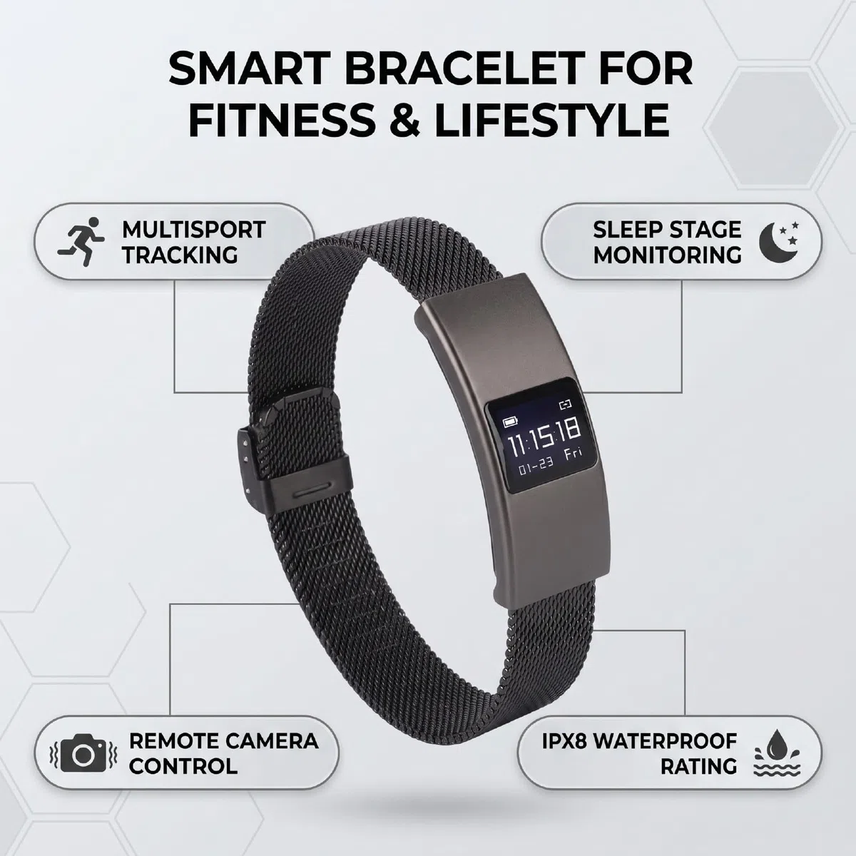 Tangxi Bracciale Intelligente con Cinturino Impermeabile IPX8 e Acciaio | Bluetooth 5.3, Monitoraggio delle Fasi del Sonno, Controllo Remoto della Fotocamera, Batteria da 5-7 Giorni, Ricarica