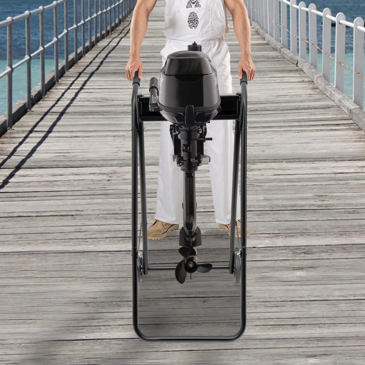 Carrello pieghevole per motore fuoribordo – 40 kg, supporto pieghevole con ruote in gomma e manico antiscivolo, motore per barca, in acciaio nero freddo, per stoccaggio e trasporto del motore