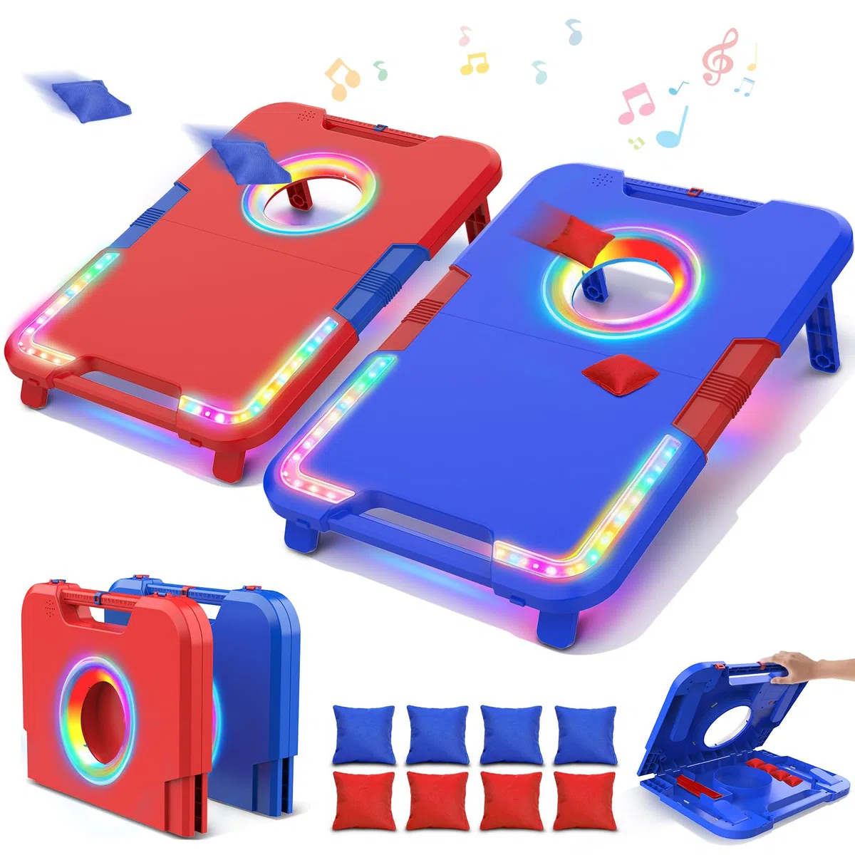 VATOS Set da Cornhole Portatile con Luci LED ed Effetti Sonori, Punteggiatore, Pieghevole – 2 Tavole e 8 Sacchetti per Giardino, Campeggio, Feste nel Posto Auto, Gioco all’Aperto per Bambini e Adulti | 2 tavole pieghevoli e 8 pouf per cortile, campeggio,