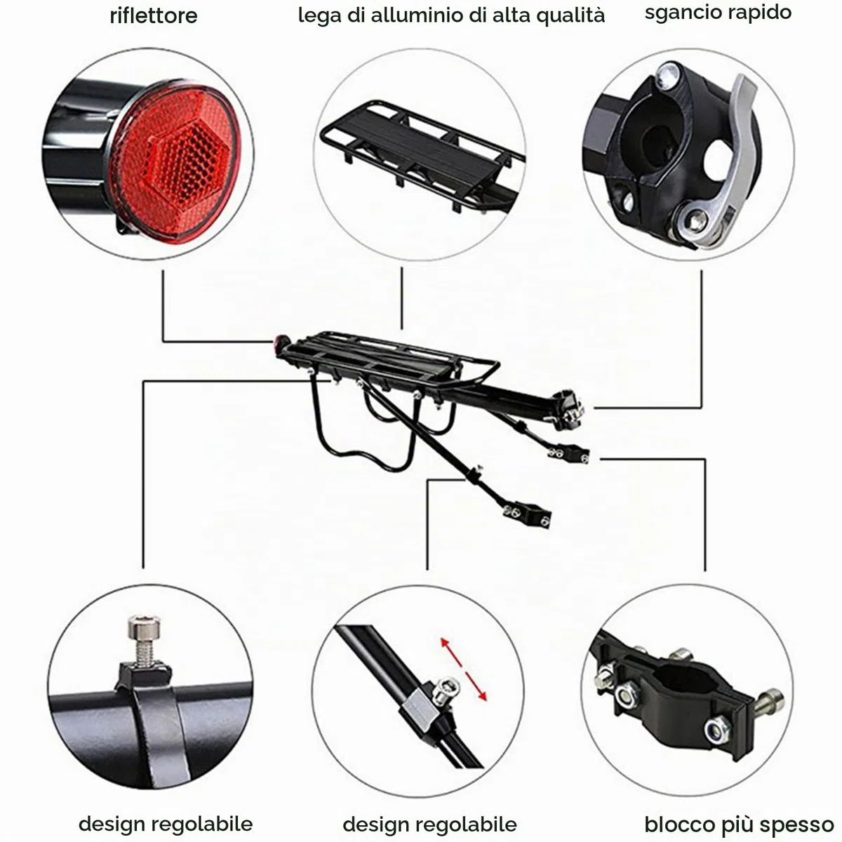 portapacchi/sedile posteriore per bicicletta, regolabile, accessorio per biciclette, portata: 50 kg
