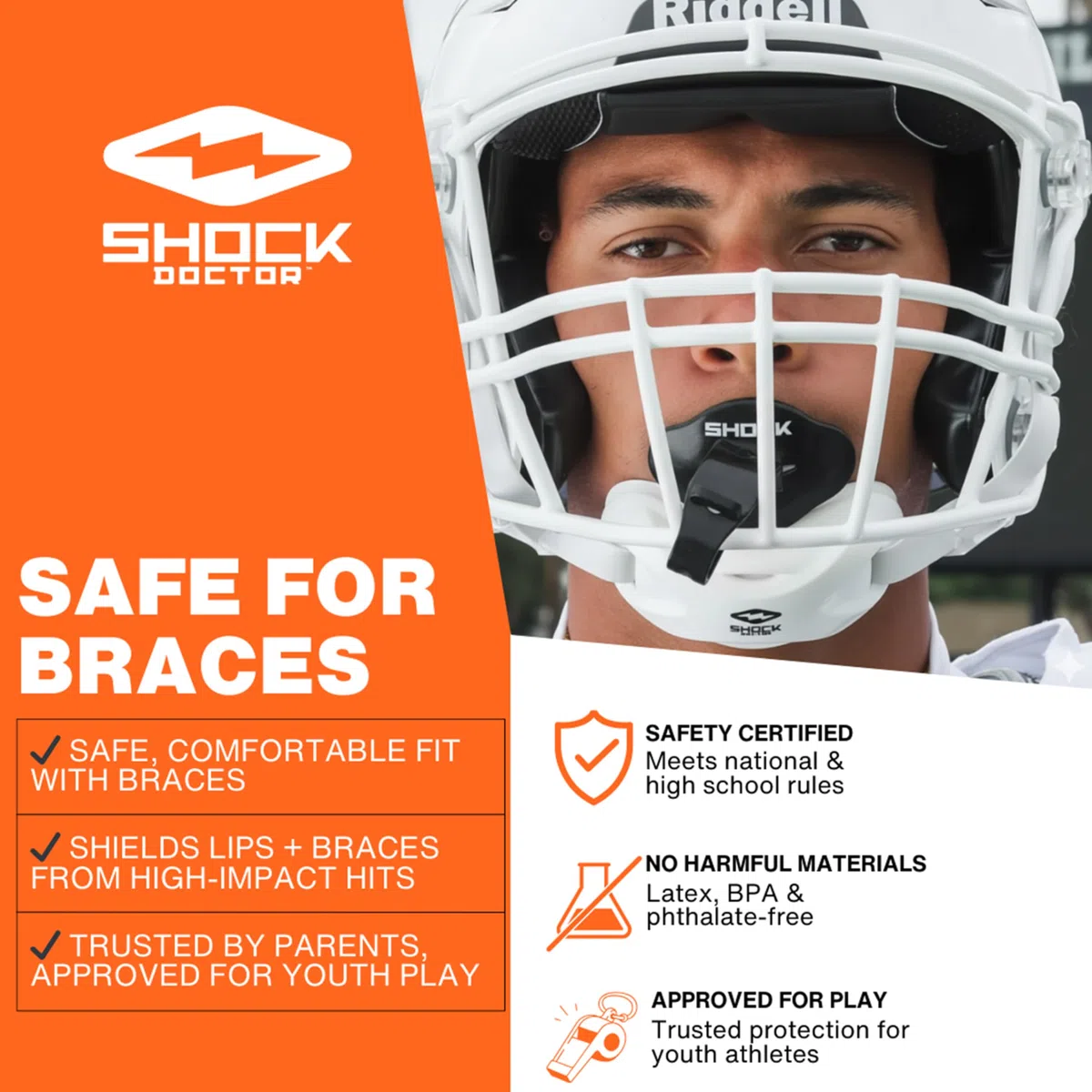 Shock Doctor Paradenti per labbra da calcio per adulti e ragazzi, con cinghia, traspirante, ampia apertura, bocchino da calcio per giovani e adulti OSFA, Shock Doctor paradenti Max Airflow