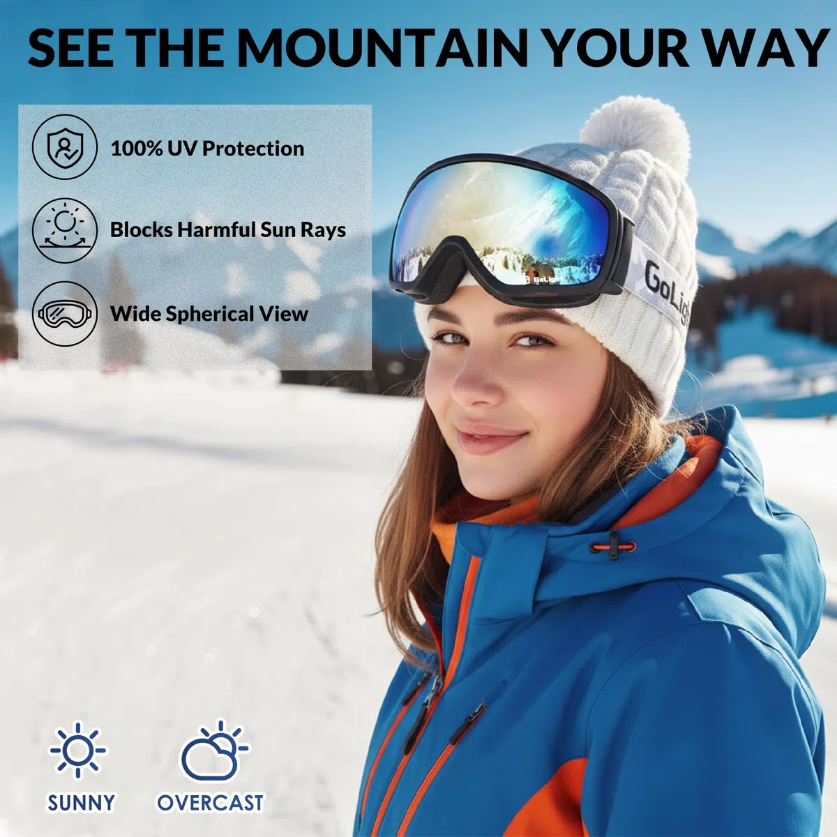 GoLight OTG Occhiali da sci YG-48 per snowboard, lenti sferiche, 100% protezione UV, anti-appannamento, occhiali da neve invernali OTG per uomini donne, motoslitta, sci, pattinaggio, marrone+revo