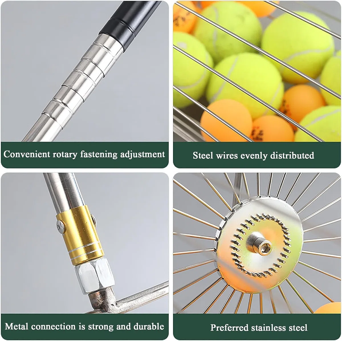 Rullo raccogli-palline da tennis, multifunzione, regolabile in altezza 43-122 cm, adatto per parchi, sessioni di pratica personale