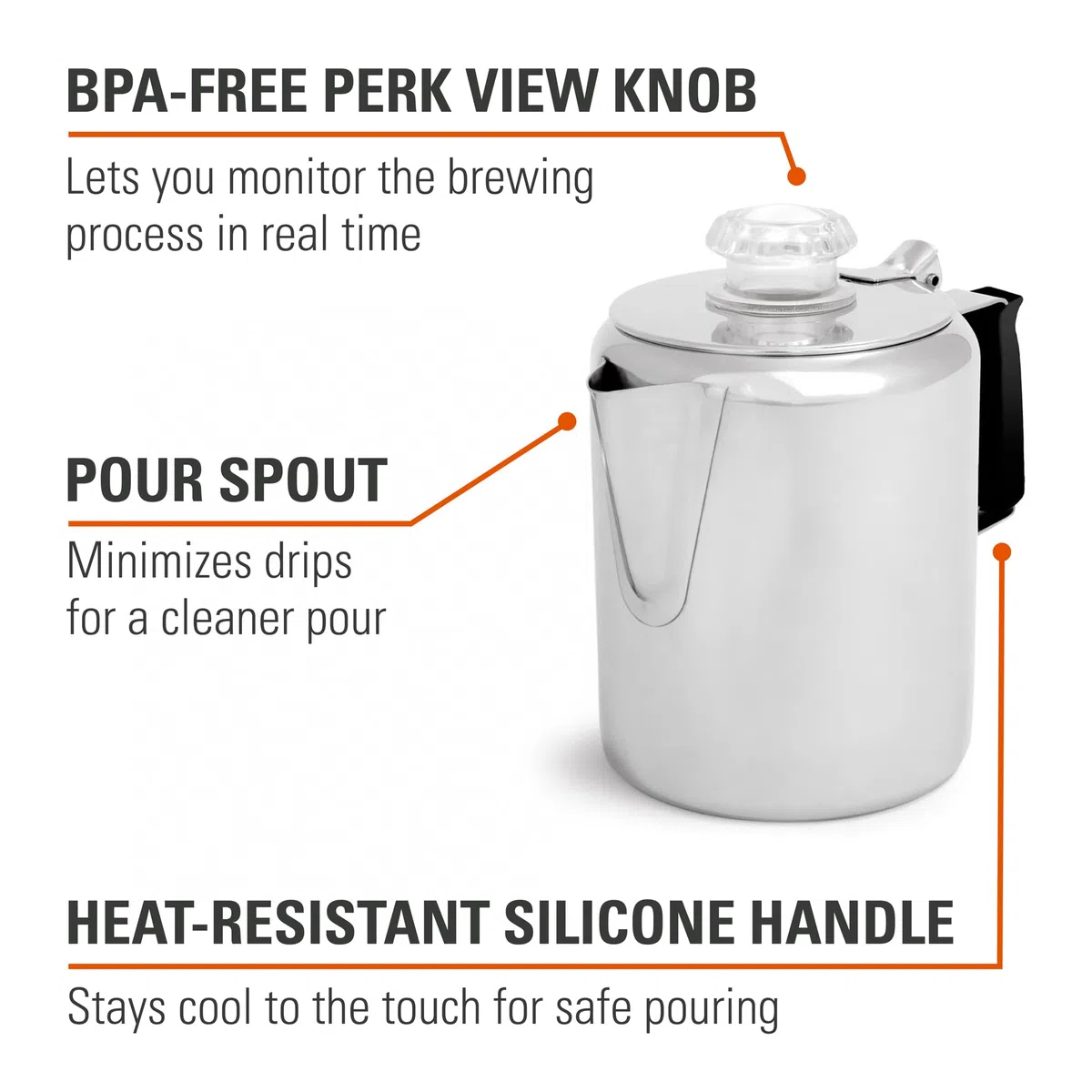GSI Outdoors Caffettiera da 3 tazze in acciaio inox con manico in silicone per campeggio, viaggi, camper e caccia, sicura per stufa