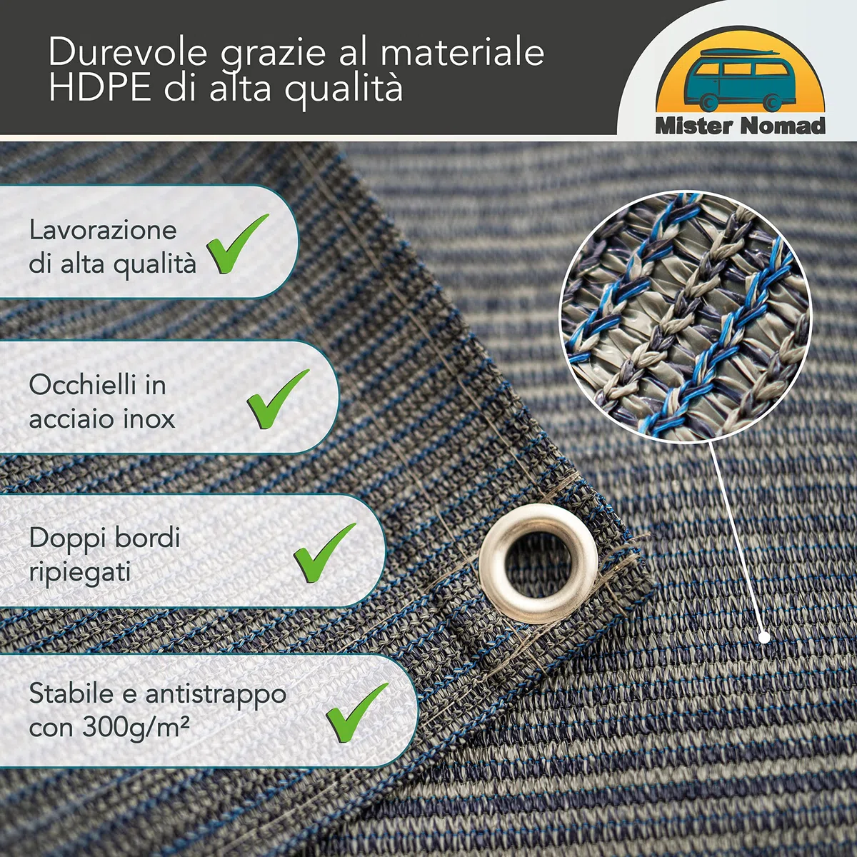 Mr Nomad stuoia campeggio 3,0 m x 2,5 m - tappeto da campeggio blu/grigio in polietilene, pavimento ideale per veranda con borsa per il trasporto, 4 picchetti a T e 12 chiodi in acciaio