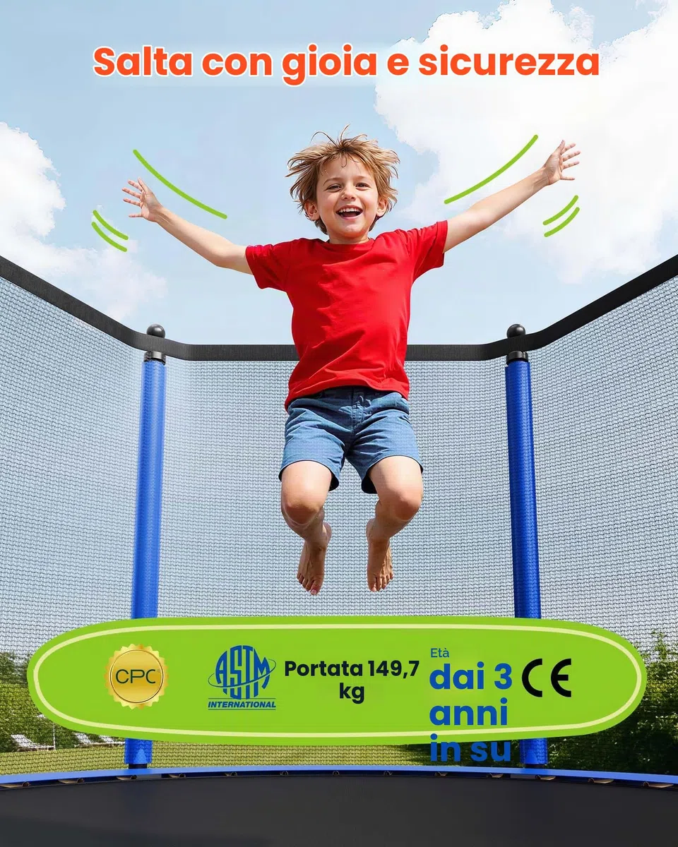VEVOR Trampolino da Esterno 305 x 305 cm con Rete di Sicurezza e Telaio in Acciaio, Omologato ASTM, per Carichi Pesanti, Capacità Massima di 150 kg, Trampolino da Giardino per Bambini