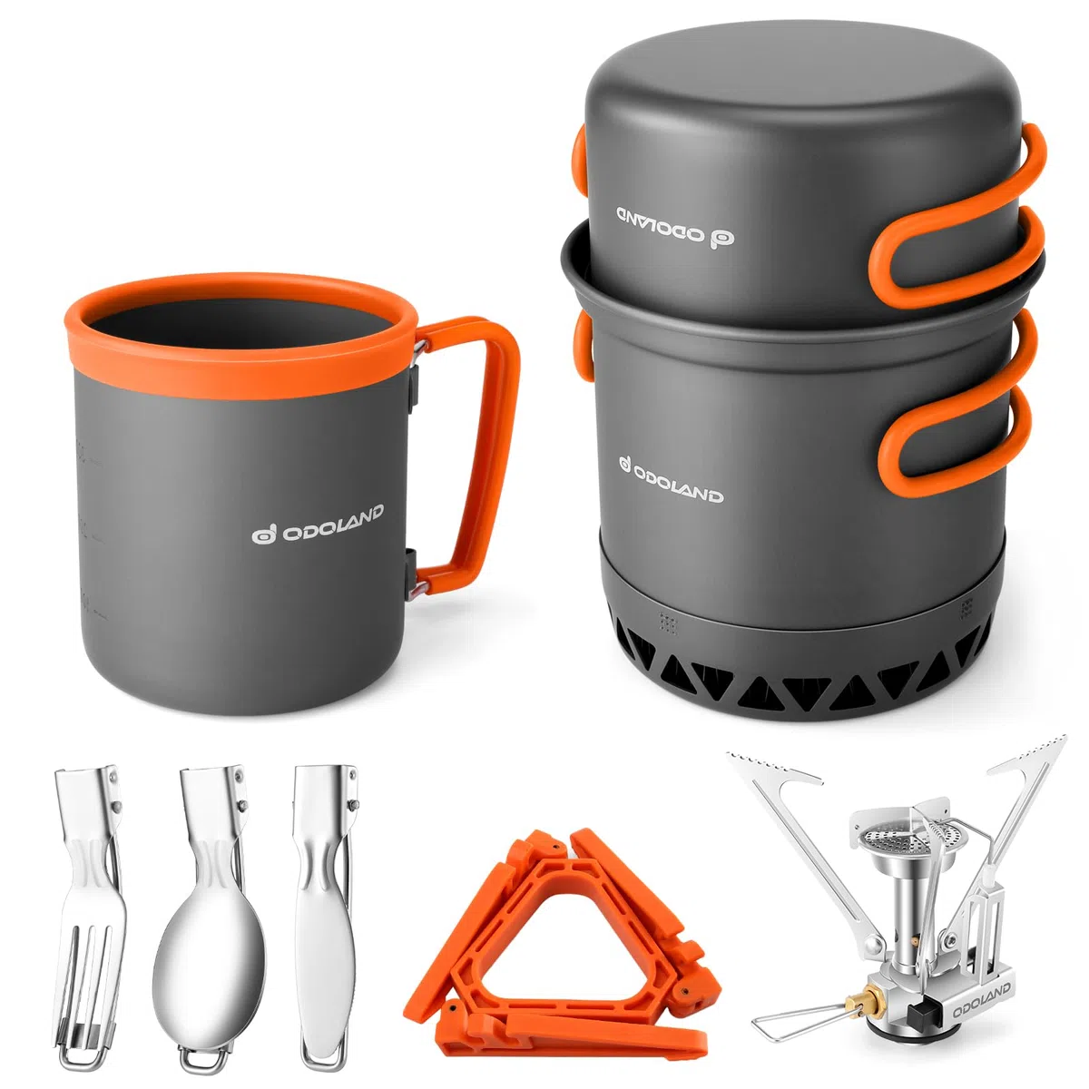 Odoland Kit di pentole da campeggio, 6 pezzi, alluminio, pentola antiaderente, mini fornello, tazza, posate e custodia, design efficiente
