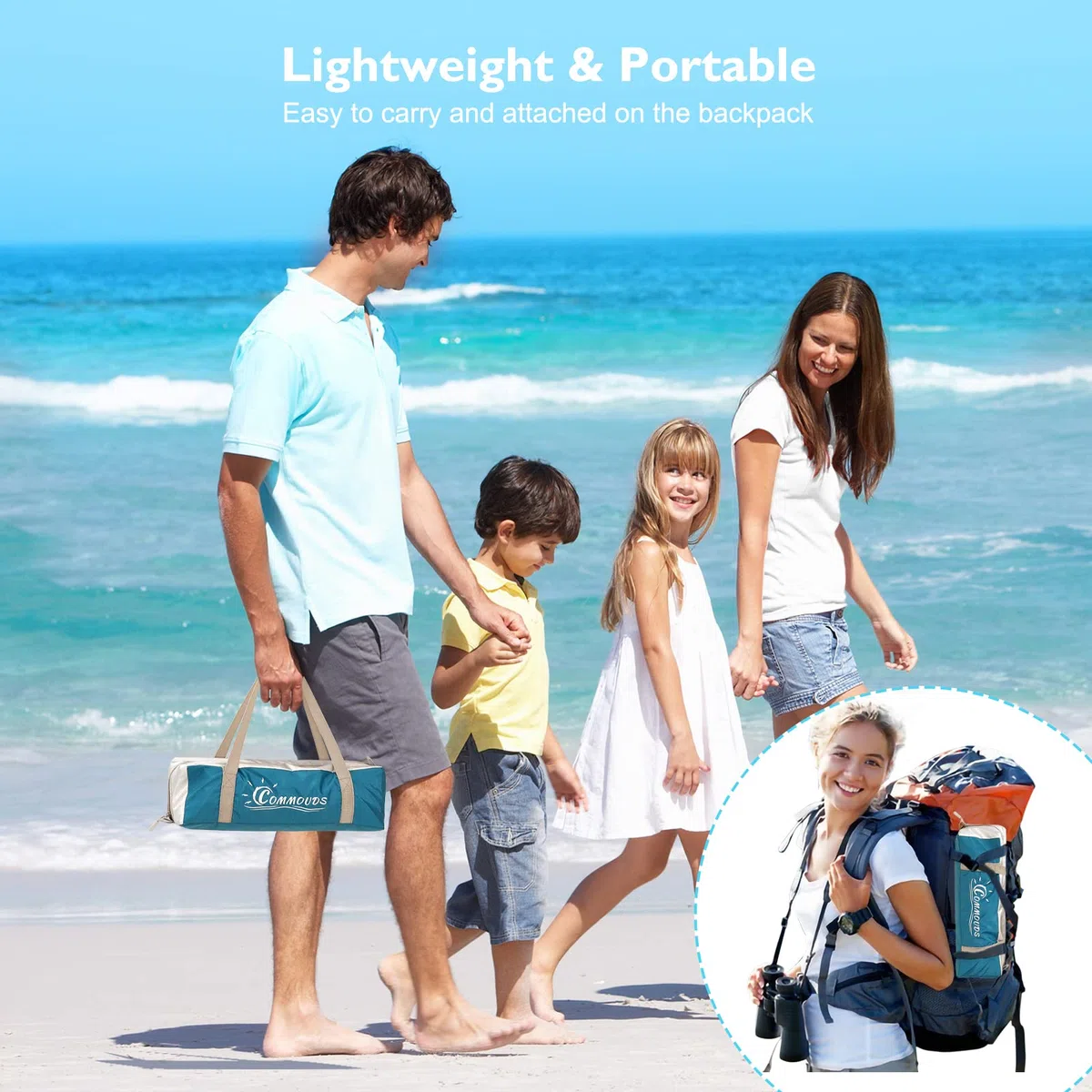 COMMOUDS Tenda da Spiaggia Per 3-4 Persone, Portatile UPF 50+, Leggera, Facile da Montare e da Trasportare. Tenda da Sole, da Campeggio, Pesca, Esterno