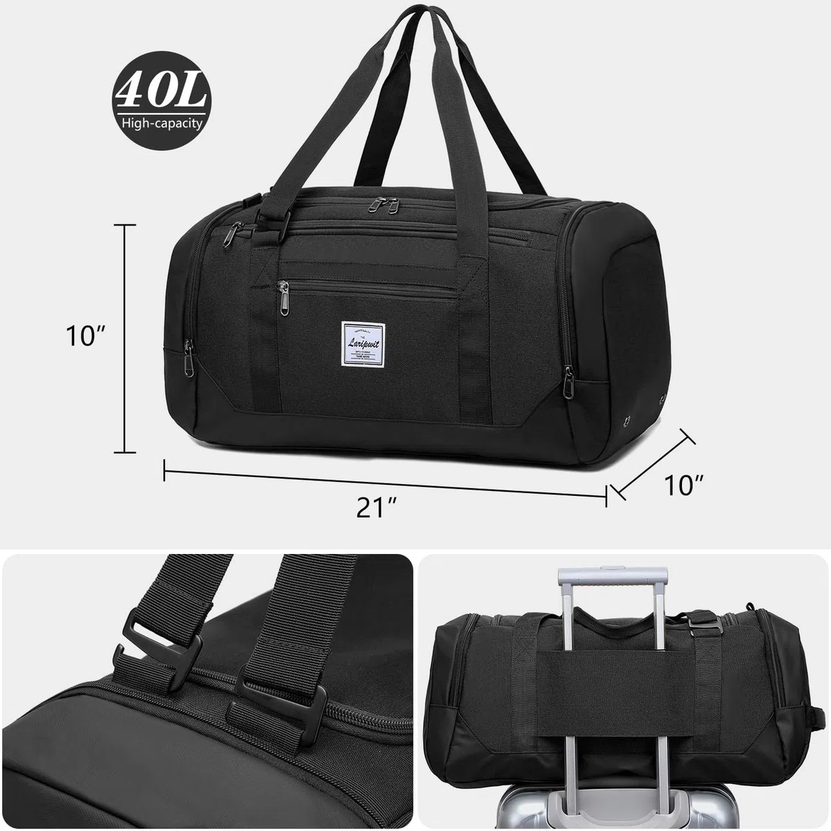 Laripwit Borse da palestra da uomo 40L borsone da viaggio con scomparto per scarpe e tasca bagnata borsone zaino per le donne, Nero , Zaino da palestra