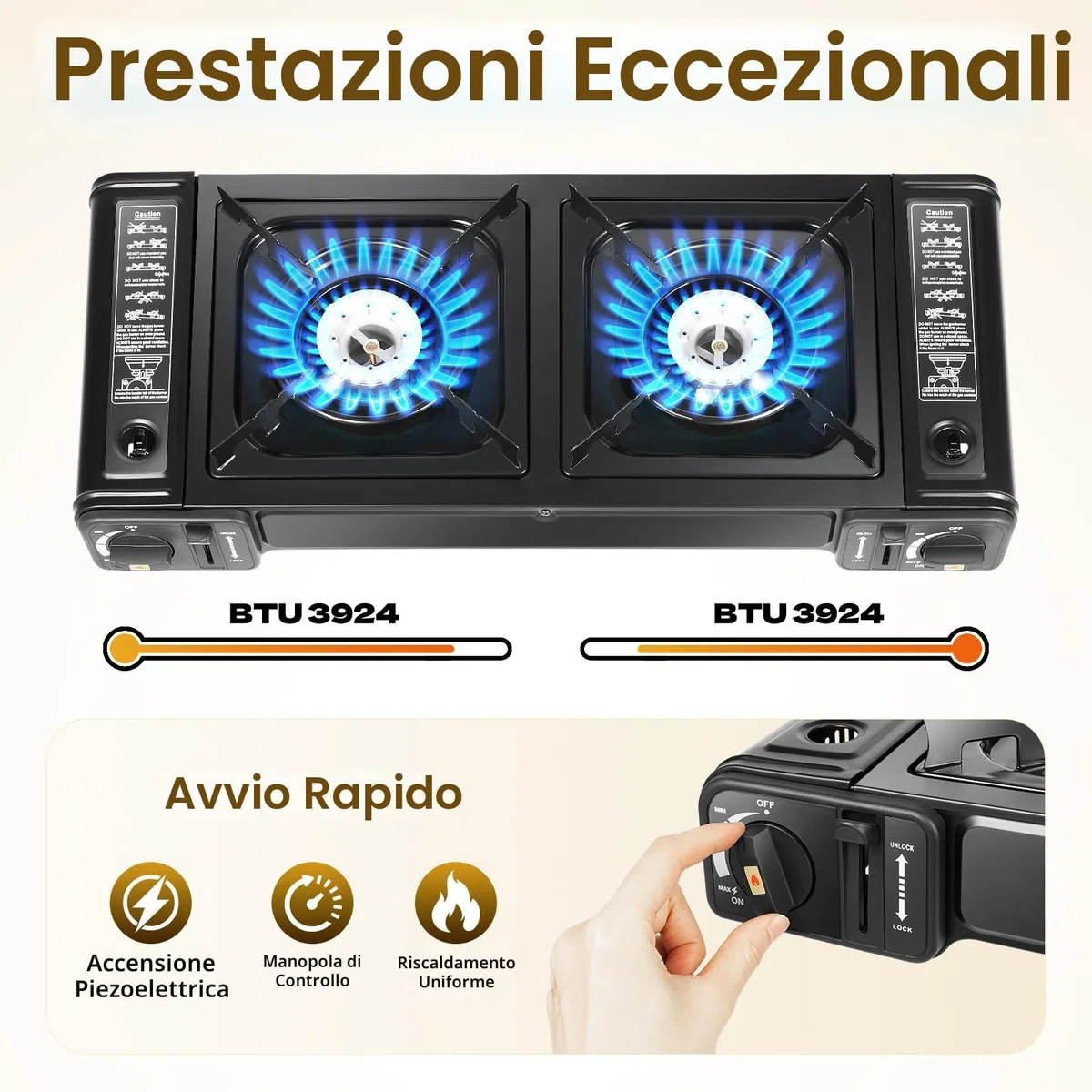 Fornello a gas a 2 fuochi, per bombola a gas, portatile, da campeggio, per esterni, in alluminio, con piastra per picnic