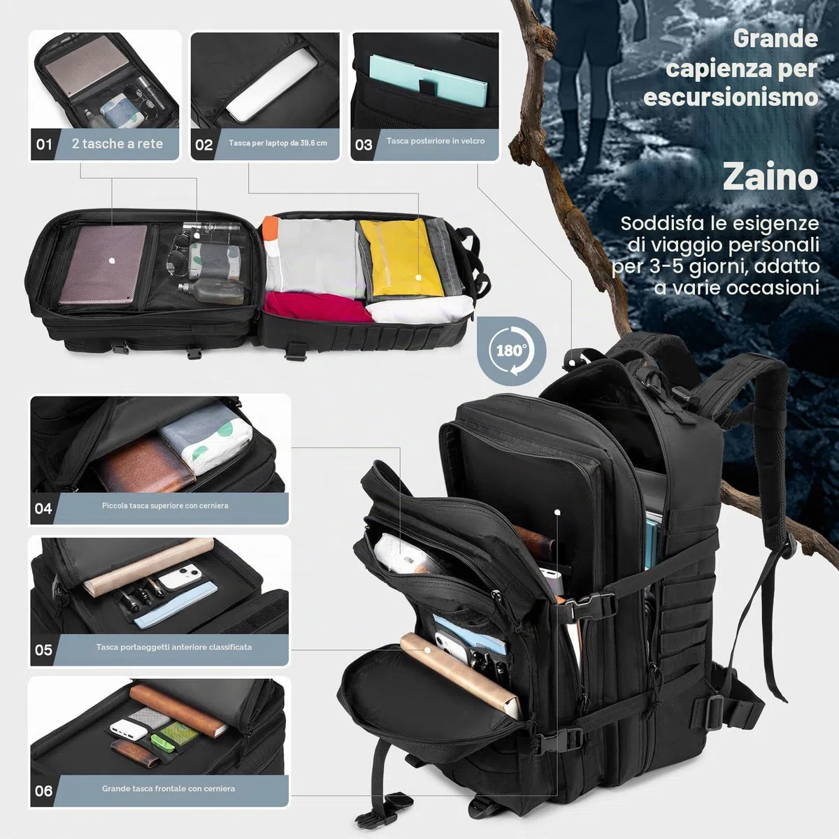 SPAHER 50L Zaino Militare Tattico Molle Assalto Viaggio per Donna Uomo Zaino da Trekking 800D Oxford per Escursionismo Alpinismo Sport Campeggio Survival