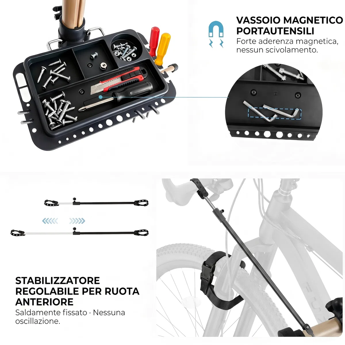 Cavalletto da Riparazione e Montaggio in Alluminio per Bici, Completamente Pieghevole, Doppio Blocco di Sicurezza, Compatto, Ultraleggero, Vassoio Magnetico per E-Bike/Mountain Bike