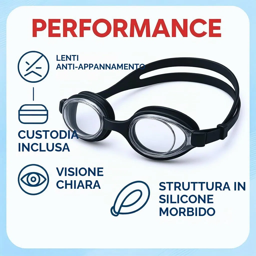 l&j Occhiali da Nuoto Ottici Performance con Diottrie Positive e Negative per Uomo e Donna – Lenti Graduate Intercambiabili – Antigraffio Antiappannamento – Silicone Morbido Alta Visibilità