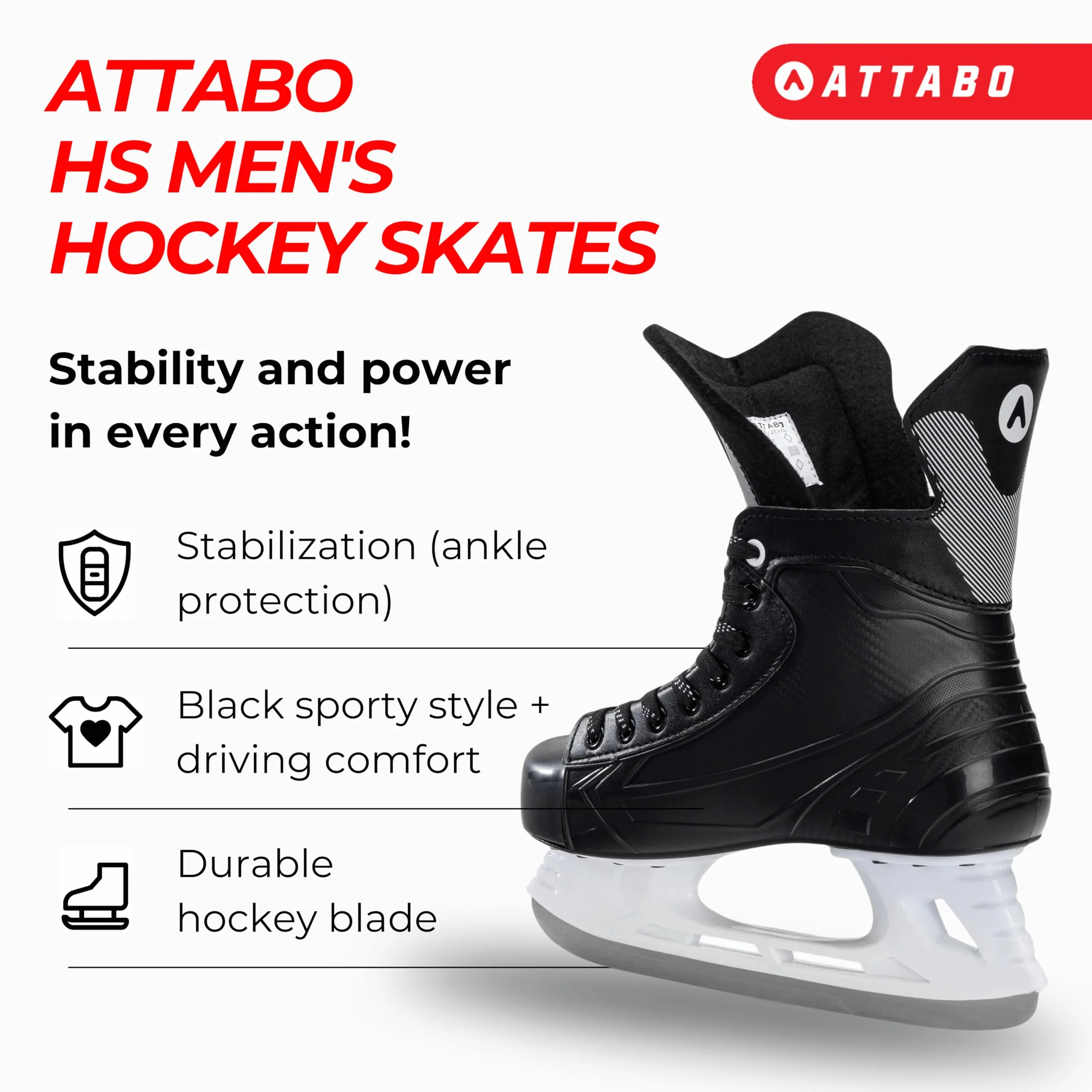 ATTABO Pattini Ghiaccio Uomo 41|42|43|44|45|46 EU Pattini da Ghiaccio Hockey Uomo Struttura Intera Fodera Calda in Schiuma Confortevoli Durevoli Stabili Colore Nero HS