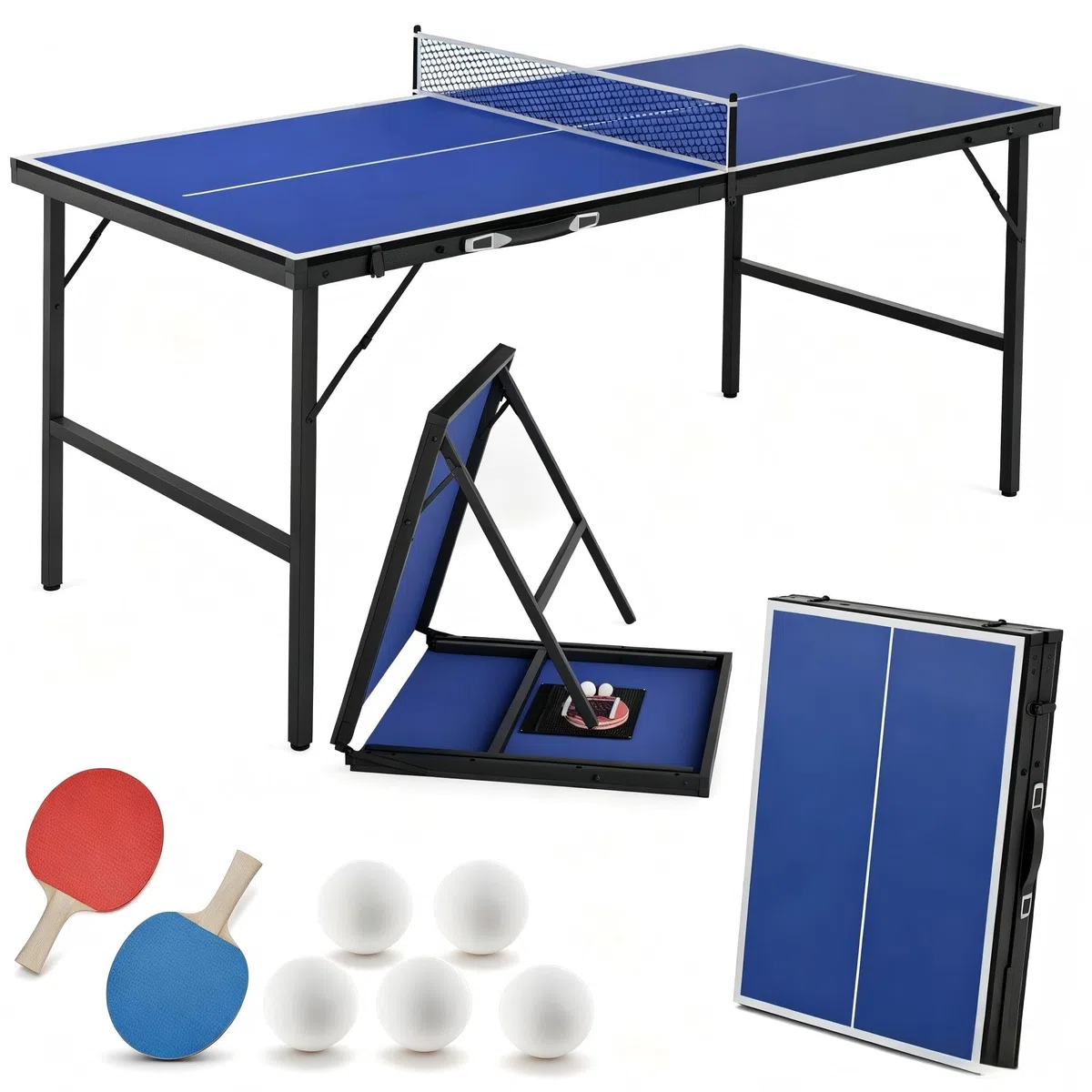 YRHome Tavolo da ping pong, 152,5 x 76 x 71 cm, pieghevole, design a valigetta, con set di 5 palline da ping pong e rete, per casa, ufficio e terrazza, blu/nero