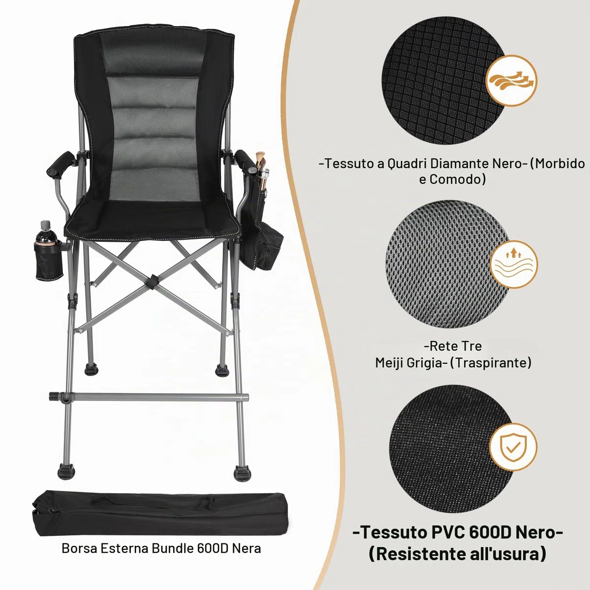 REDCAMP Sedia da regista pieghevole alta con poggiapiedi, capacità 136 kg, nero | Sedia portatile da trucco per artisti con borse laterali, sedia da regista per campeggio, resistente, supporta 136 kg