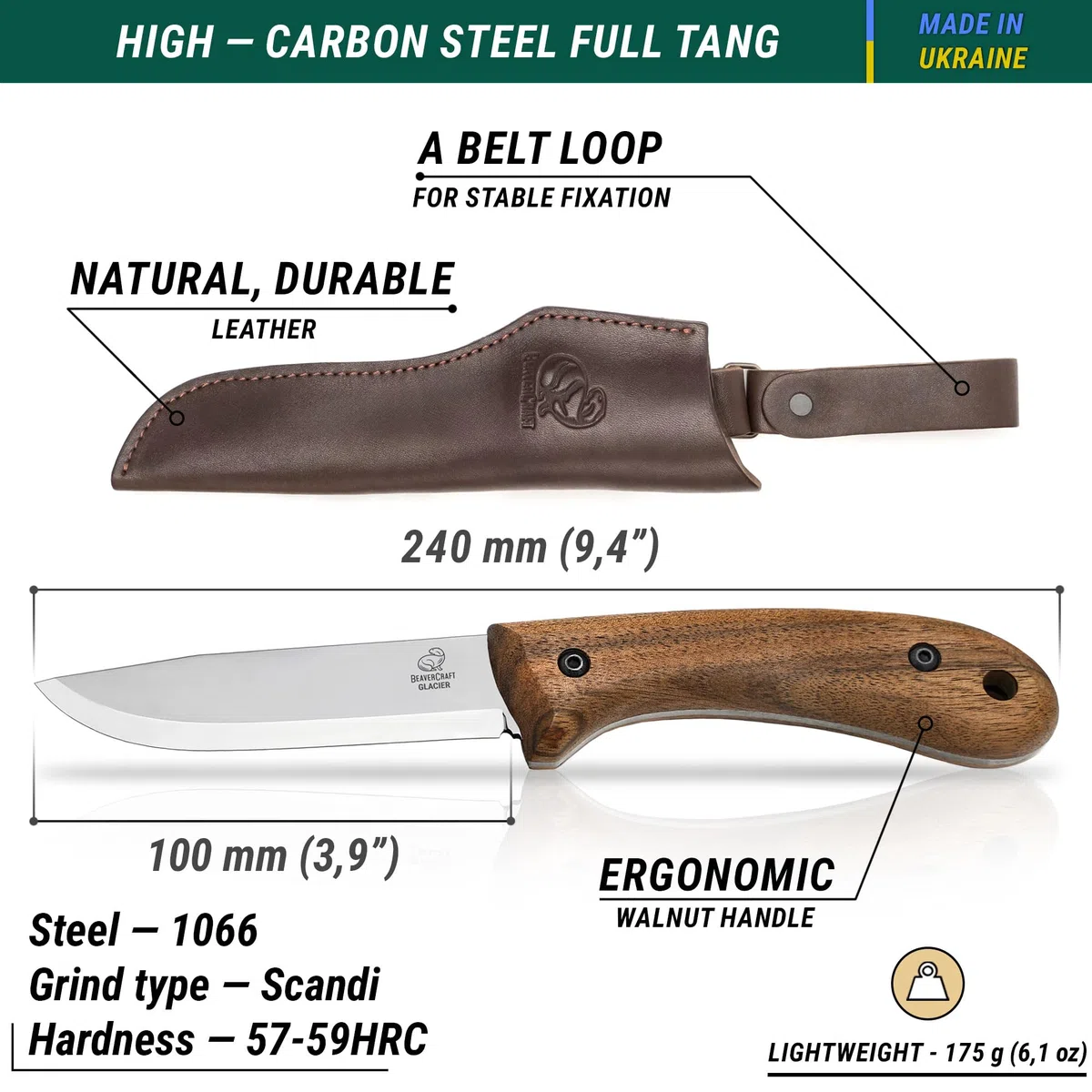 BeaverCraft Coltello da bushcraft Lama in acciaio Coltello a lama fissa con fodero in pelle Coltello da campeggio Coltello da sopravvivenza in acciaio al carbonio a codolo intero | BSH2 Glacier