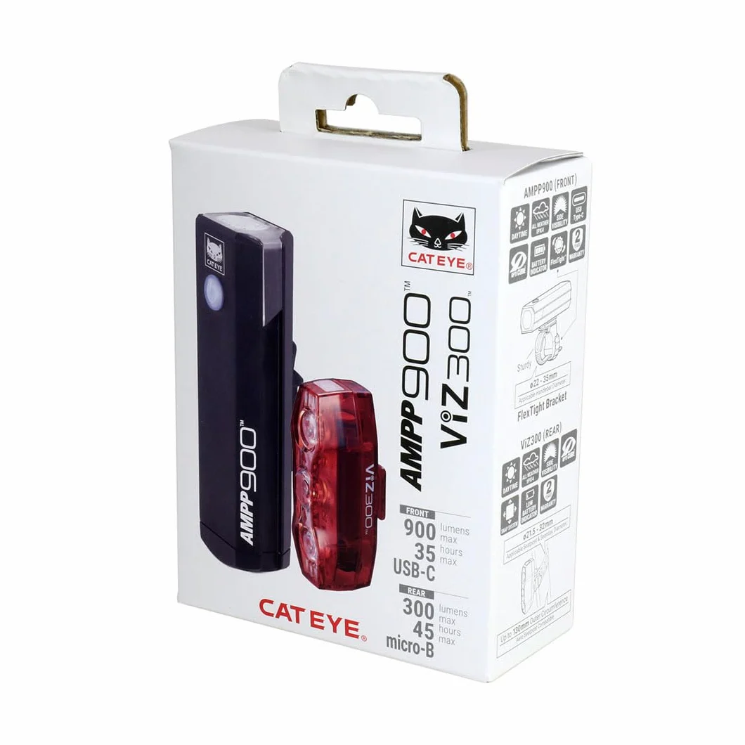 CatEye Set di luci per bicicletta, 900 lumen, anteriore e posteriore a LED, con lenti OptiCube, modalità multiple, alta visibilità MTB, illuminazione ricaricabile per guida notturna, accessori CatEye