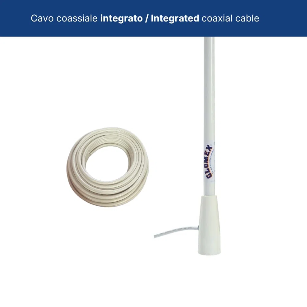Glomex – Antenna VHF "Basic Line" 1,5m (Bianco), Modello RA400 – Include Cavo 4,5m, Boccola Nylon, 3dB, DC Ground, Per Barche a Motore – Qualità Conveniente