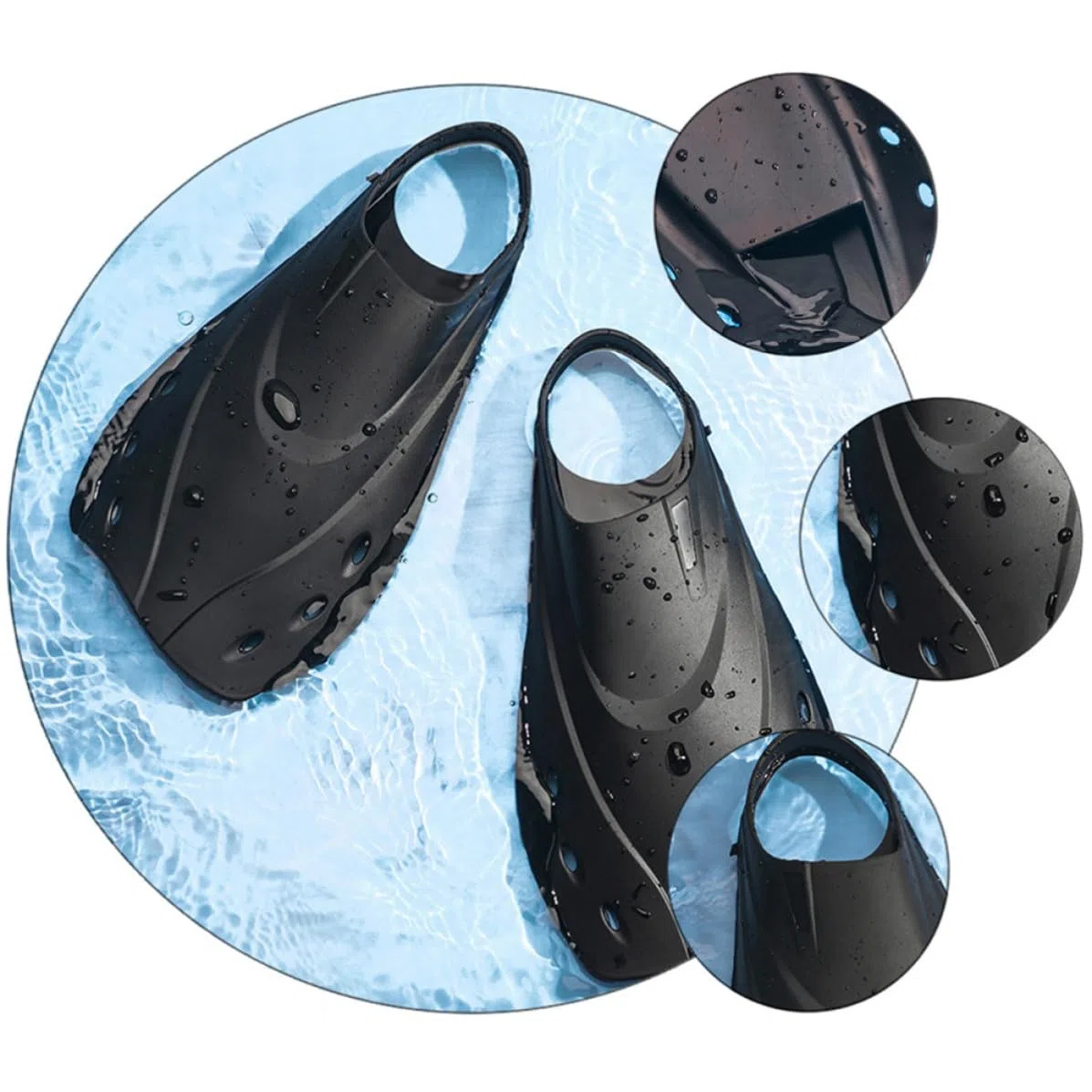 Pinne Corte da Nuoto per Allenamento in Piscina, Regolabili e Leggere in Materiale Termoplastico Nero, per Snorkeling e Immersioni Atmosfera Estiva