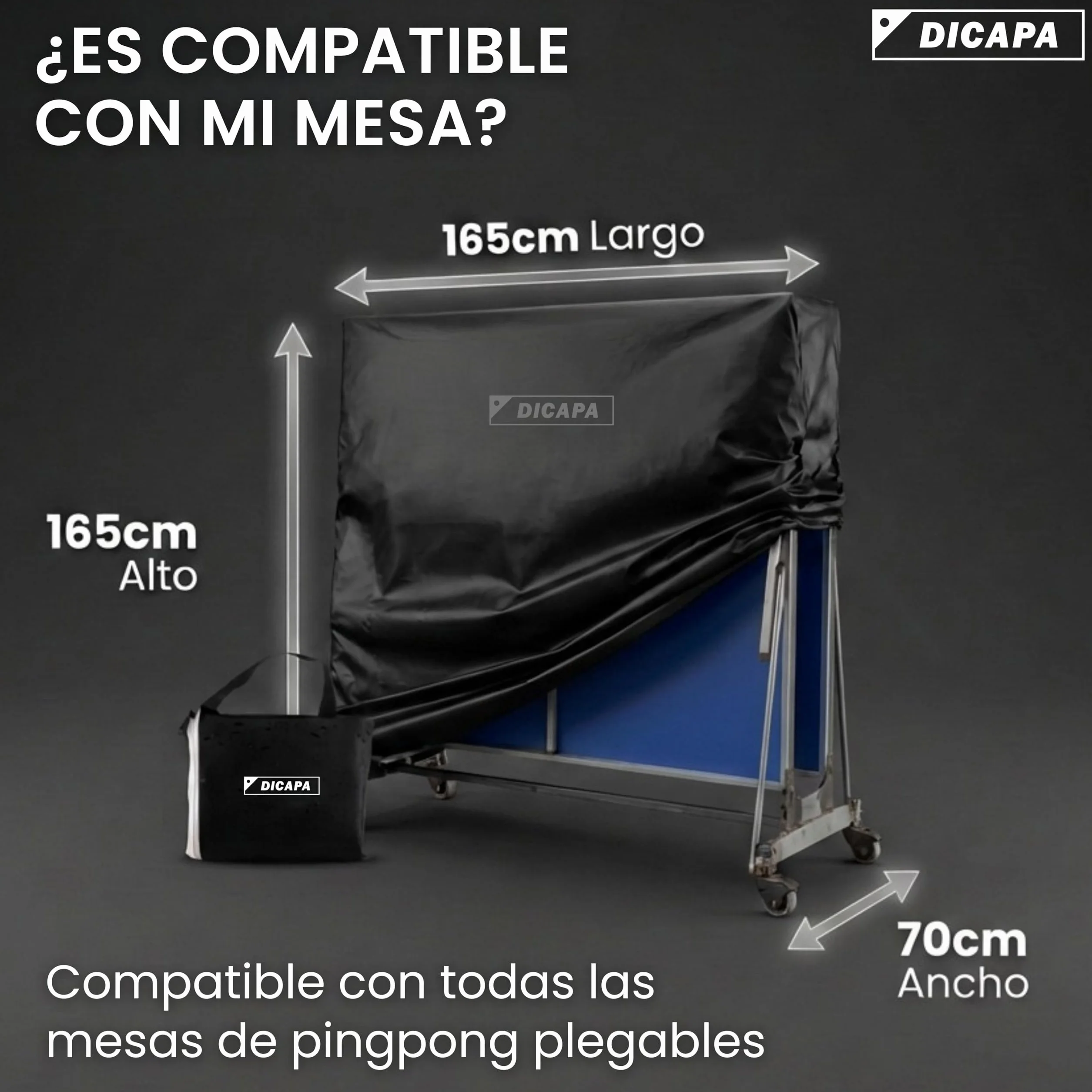 DICAPA Custodia per tavolo da ping pong esterna, custodia protettiva per tavolo da ping pong pieghevole 165 x 70 x 165 cm, impermeabile e resistente (nero)