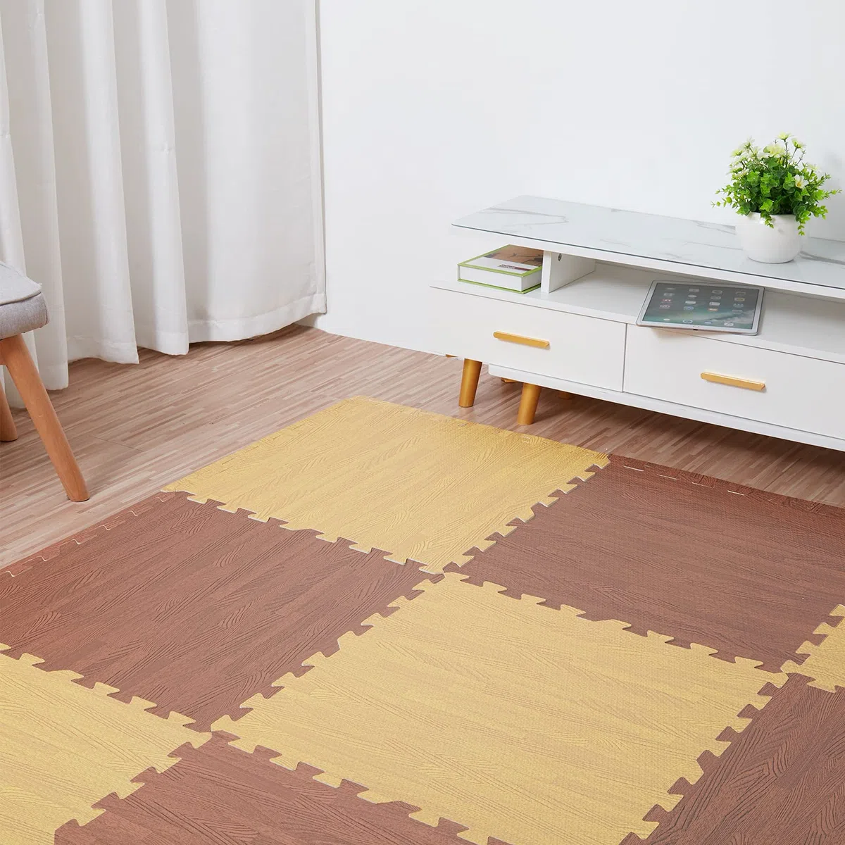 Tappeto per palestra pavimento puzzle: 24 pezzi tappetino incastro 60x60cm tappetini ginnastica fitness casa tatami bambini gioco esercizi legno effetto schiuma eva morbido quadrato interno, Giallo