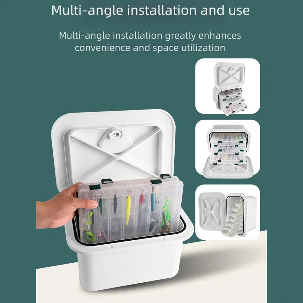 Scatola portaoggetti per attrezzatura da pesca integrata, in ABS, impermeabile, per barche, yacht, cabine, organizzazione 37,5 x 27 x 17,5 cm, bianco e nero