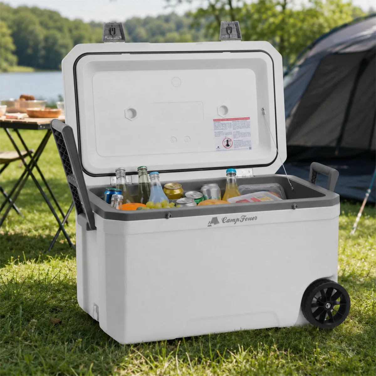 CampFeuer Frigobox bianca da 70 litri con ruote | Frigobox portatile, frigobox isolata con maniglie, frigobox raffreddante mobile, scatola del ghiaccio, mini frigorifero | Thermobox, snackbox