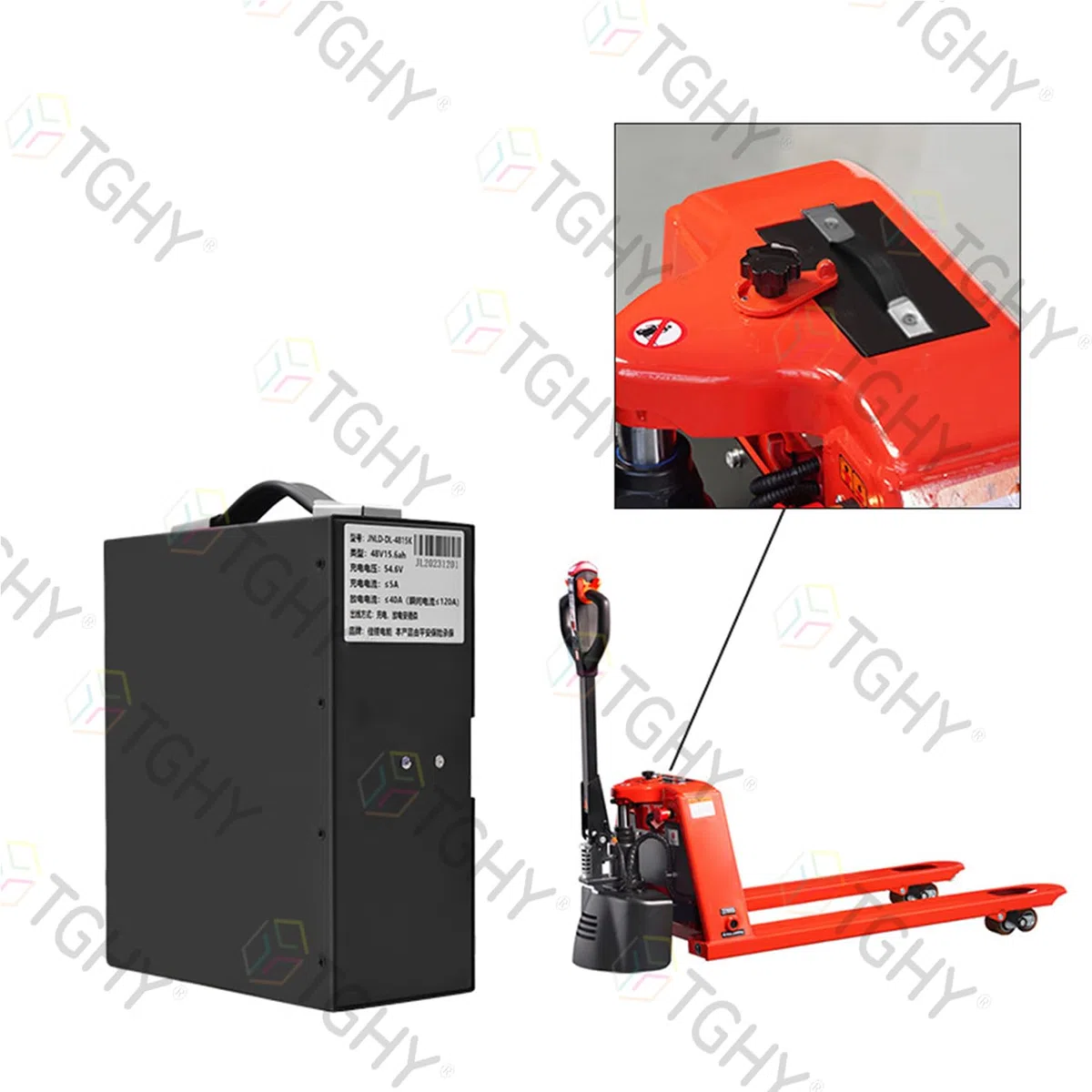 TGHY Transpallet Elettrico con Batteria LiFePO4 da 48 V | Scheda BMS integrata Maniglia portatile per carrelli elevatori manuali e per il carico e scarico di camion