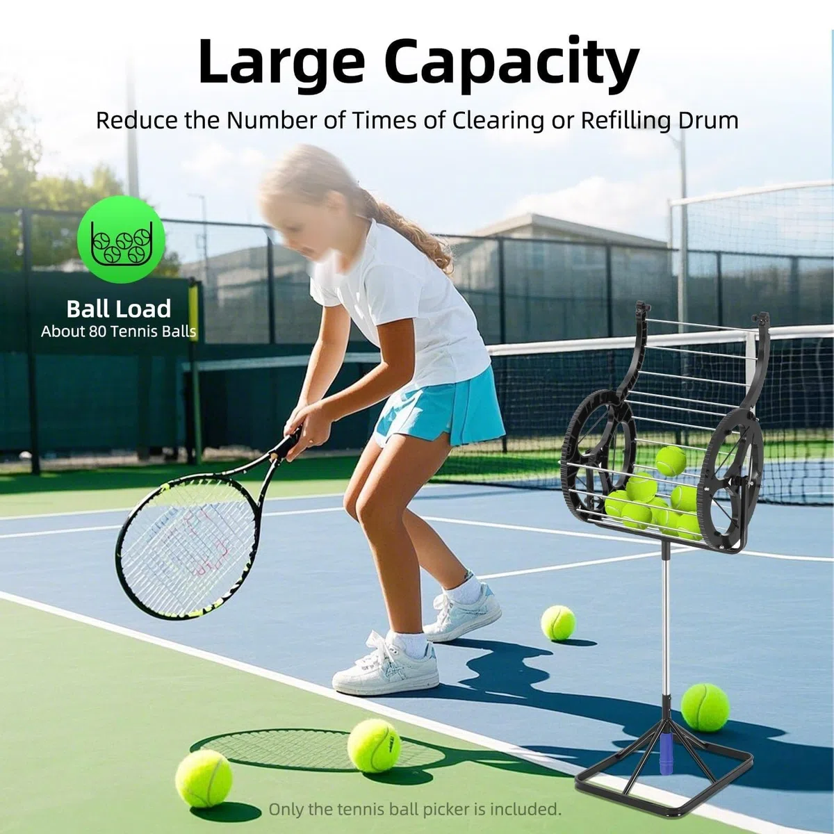 Raccoglitore per palline da tennis 2 in 1, con manico automatico, per un massimo di 80 palline, tramoggia regolabile in altezza, per raccogliere e riporre le palline