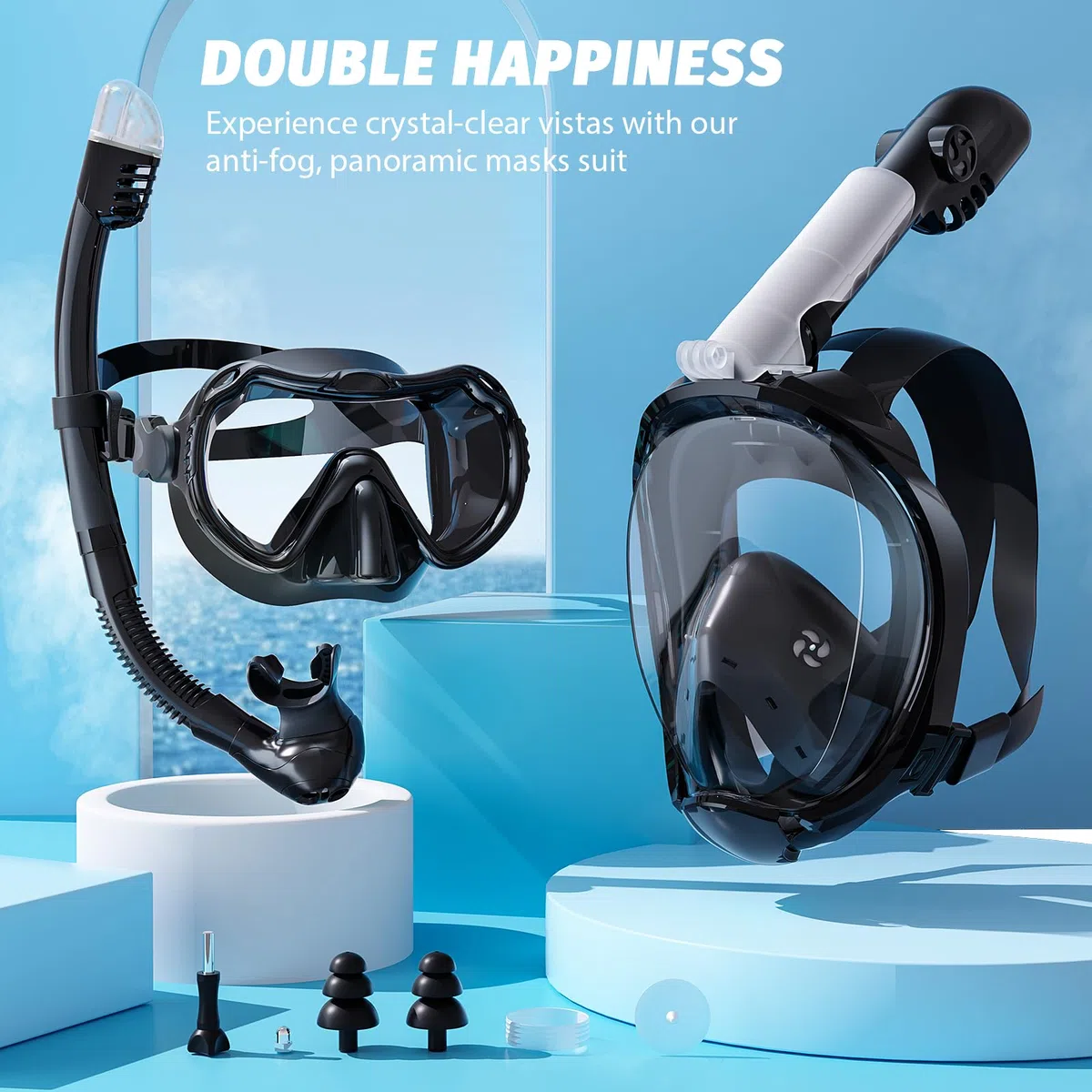 Maschera integrale da snorkeling, attrezzatura per snorkeling per adulti, uomini e donne, vista panoramica a 180 gradi, set con boccaglio anti-appannamento, anti-perdite, sistema Dry Top e borsa da