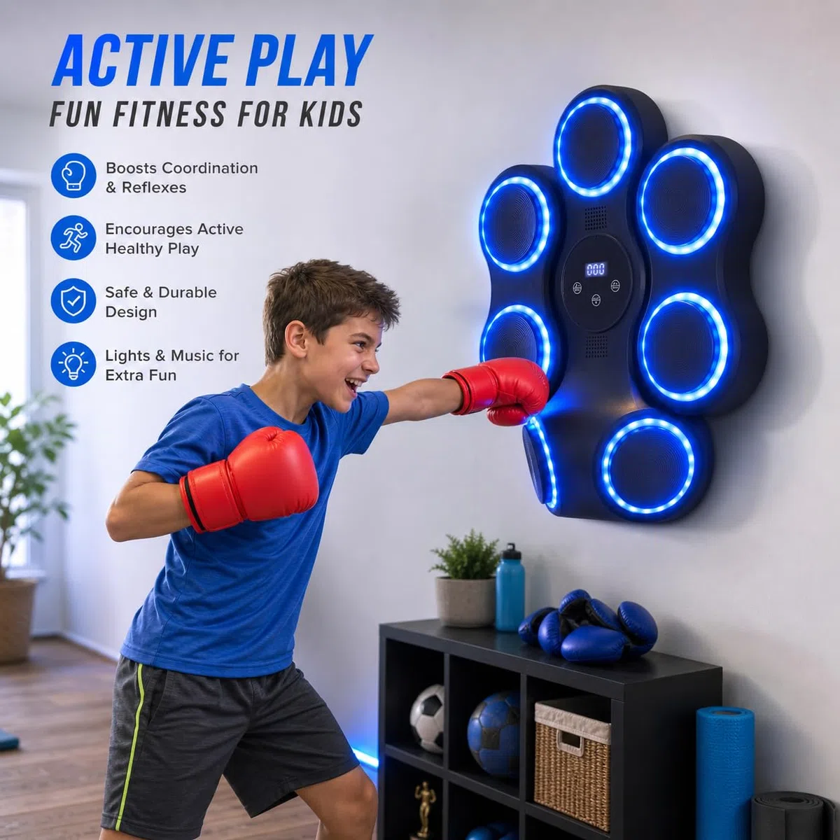 Music Boxing Machine con musica, palla riflettente e 2 guanti da boxe | Per bambini e adulti, 11 modalità, display LED, 9 velocità, ricarica USB, per casa e palestra, allenamento boxe
