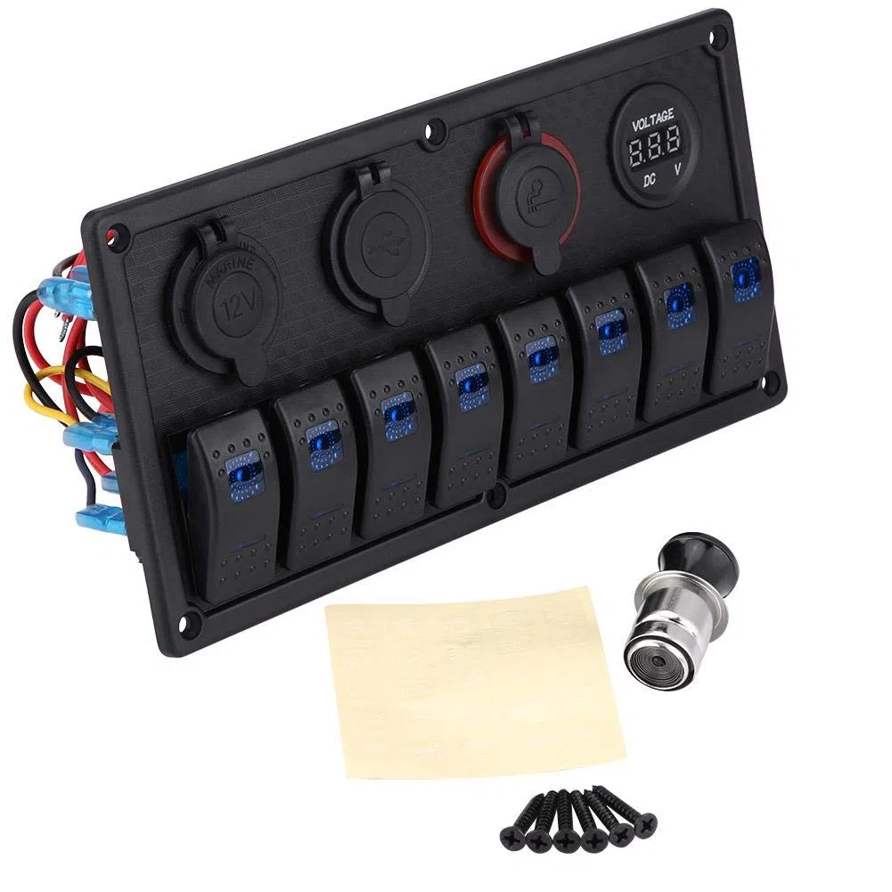 Interruttore a bilanciere 12V 24V 8 Gear Car Boat Impermeabile Interruttore a bilanciere a led Pannello di controllo Doppio voltmetro USB Accendisigari + panel interruptor
