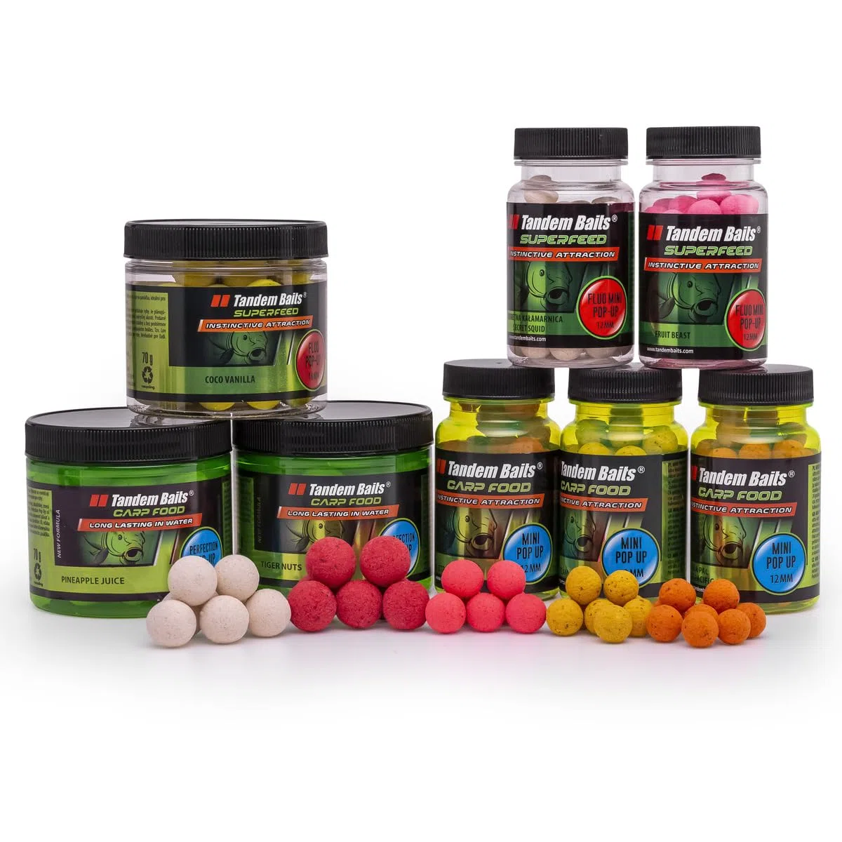 Tandem Baits Set di 8 Carp Pop Up Boilies Fishing Box XL | Fluo Pop Up 16mm | Perfection Pop Up 16mm | Mini Pop Up 12mm | Fluo Mini Pop Up 12mm | Carpfishing Pesche Pesca Accessori Set Up