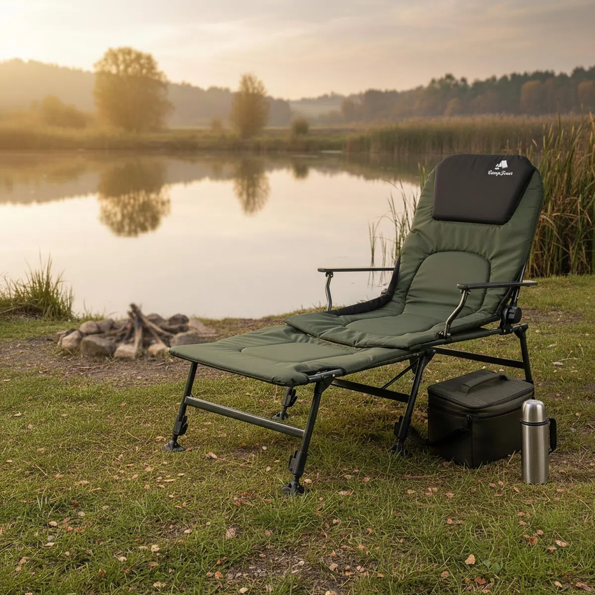 CampFeuer Sedia da Pesca 2 in 1 Verde Oliva | Sedia da Campeggio Regolabile in Altezza | Sedia da Carpa Pieghevole con poggiapiedi | Outdoor Travelchair per Campeggio, Tenda, Pesca