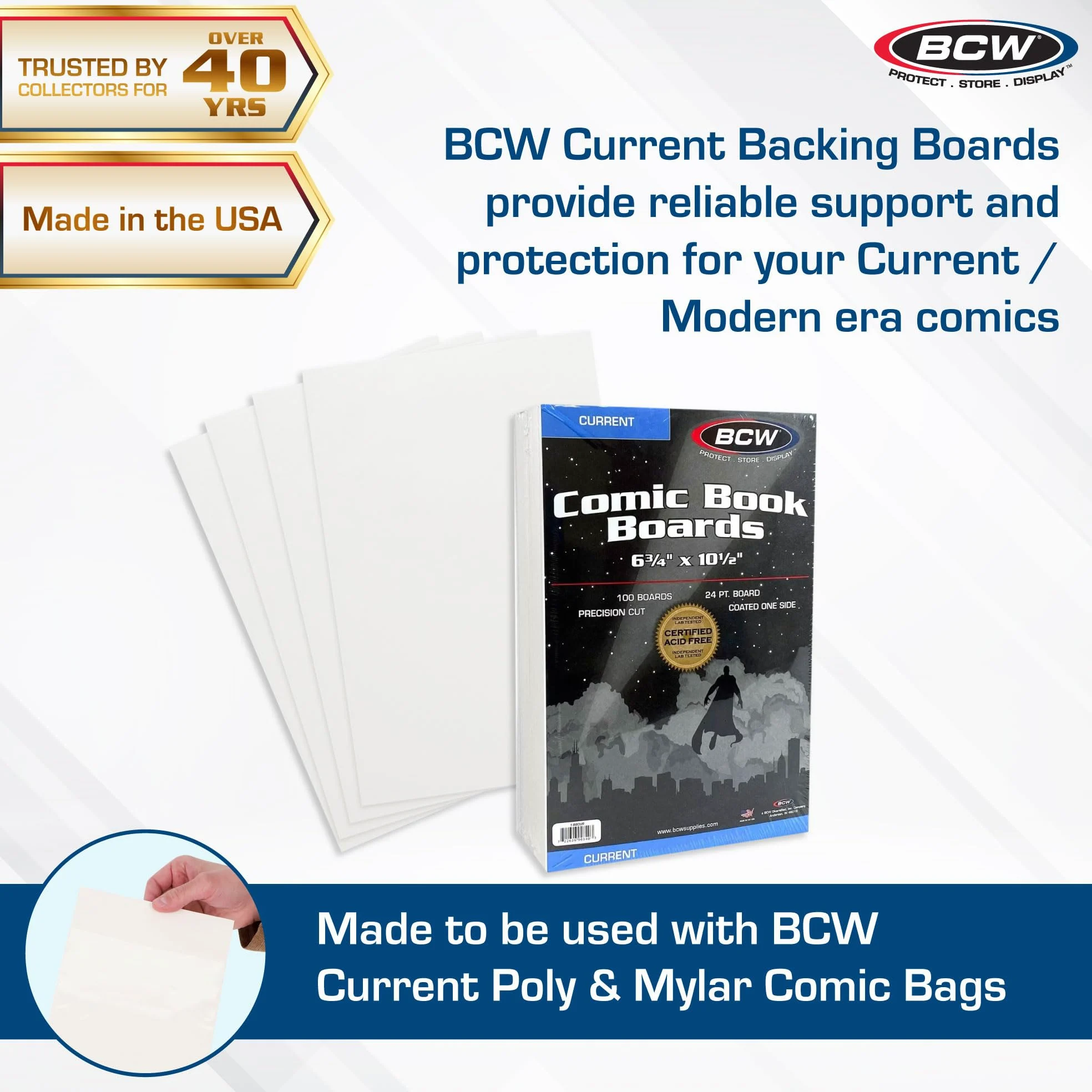 BCW Tavole di supporto per fumetti attuali, confezione da 2 (200 totali), 24 pt, rivestite, tamponate con carbonato di calcio al 3%, taglio di precisione per le borse dei fumetti attuali, lavagne per