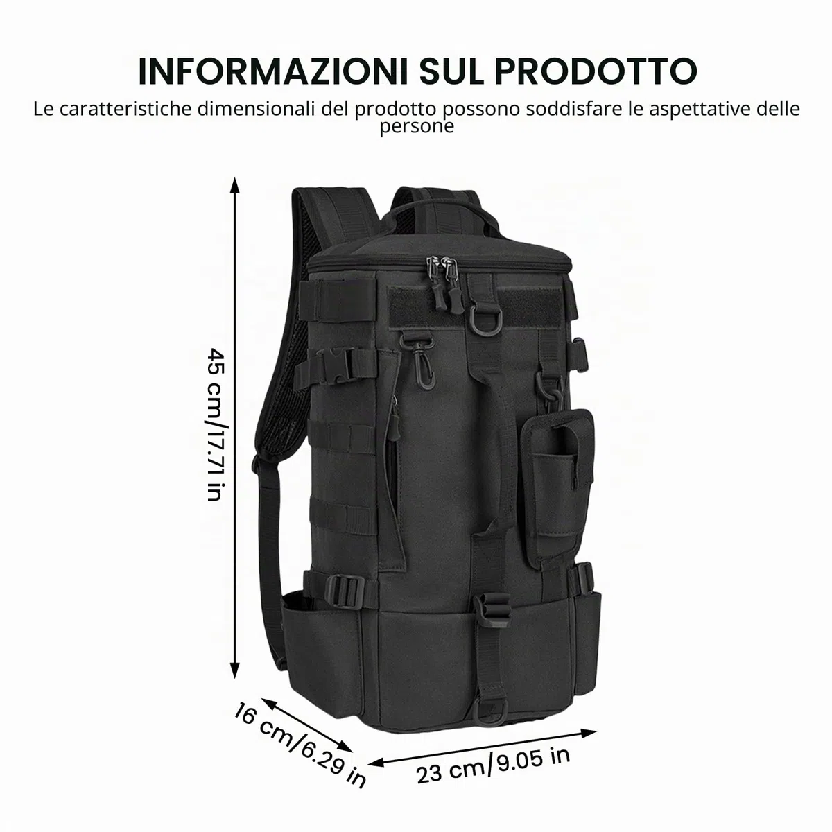 Zaino da pesca con supporto canna: 45 x 16 x 23 cm, impermeabile, per esterni, porta canna, nero, multifunzionale, militare, campeggio, sport all'aria aperta