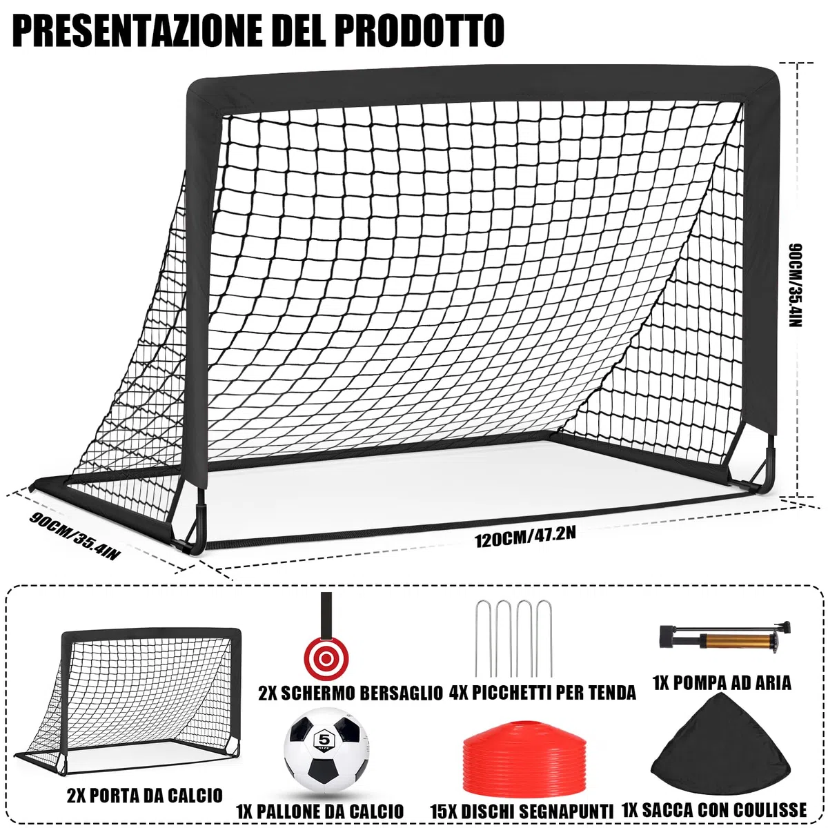 Porte da Calcio per Giardino, Porta da Calcio per 120x90cm, Porticine Da Calcio con Aste In Fibra di Vetro e Reti di Alta Qualità, Bullseye e Borsa per Giardino e Gioco per Interni