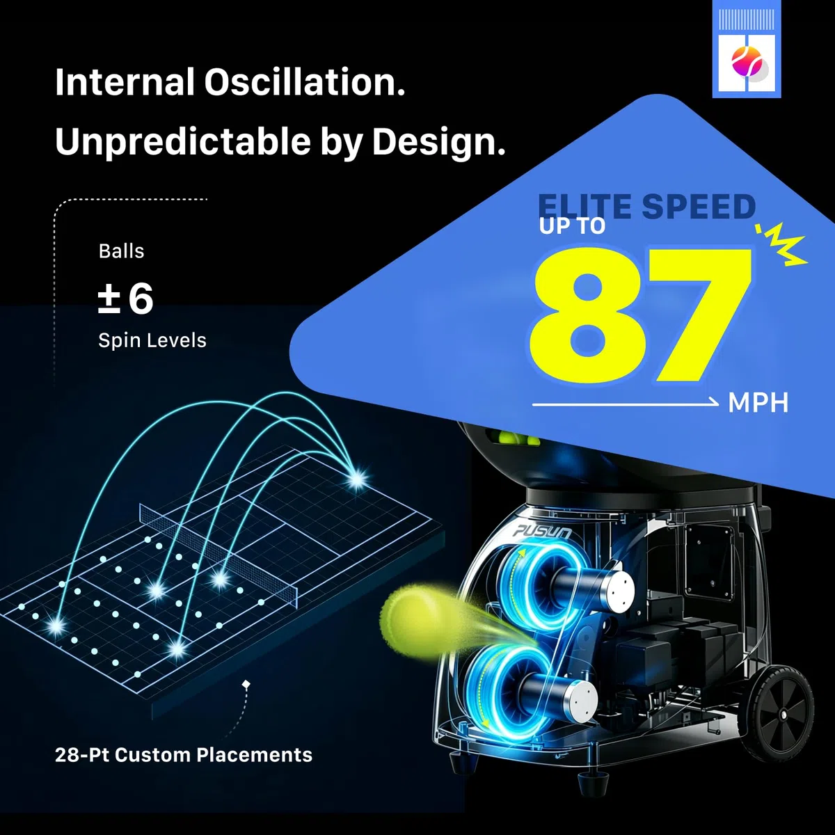 PUSUN PT-MAX C Flagship Tennis & Padel Ball Machine: App Control, 12 modalità di allenamento, oscillazione interna, 87 MPH, batteria 8H, capacità 120 palline, per tennis e padel per professionisti e