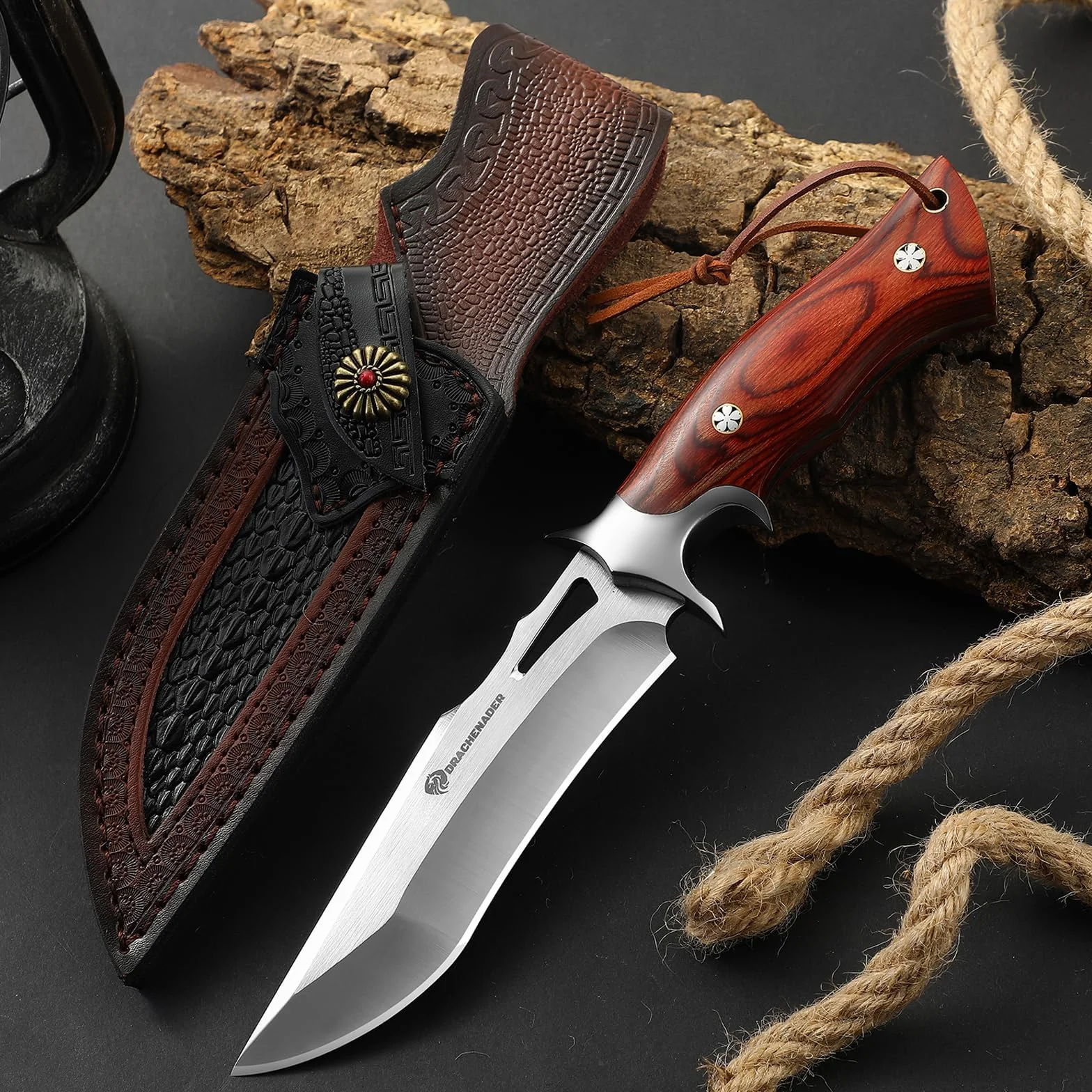 DRACHENADER Coltello Da Caccia, Lama Lunga 13 cm, Acciaio M390, Coltelli Da Caccia Con Fodero In Pelle, Manico In Legno