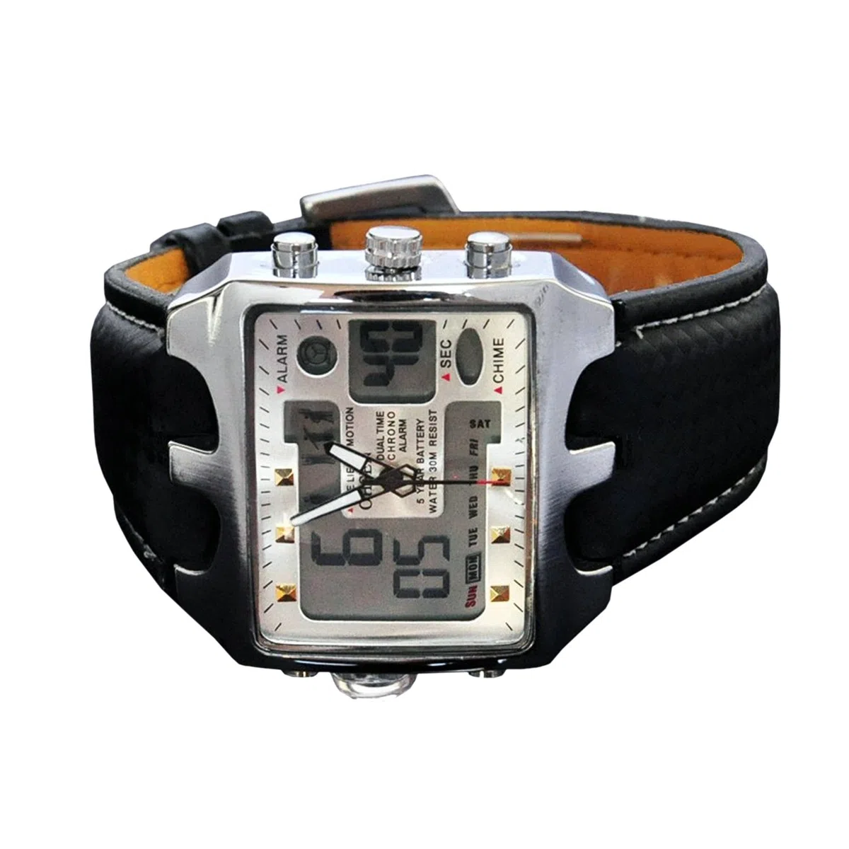 ShoppeWatch Orologio sportivo da arbitro da uomo, grande quadrante quadrato a LED, doppio fuso orario, analogico, digitale, con quadrante luminoso, cronometro, cinturino in pelle, per Hombre