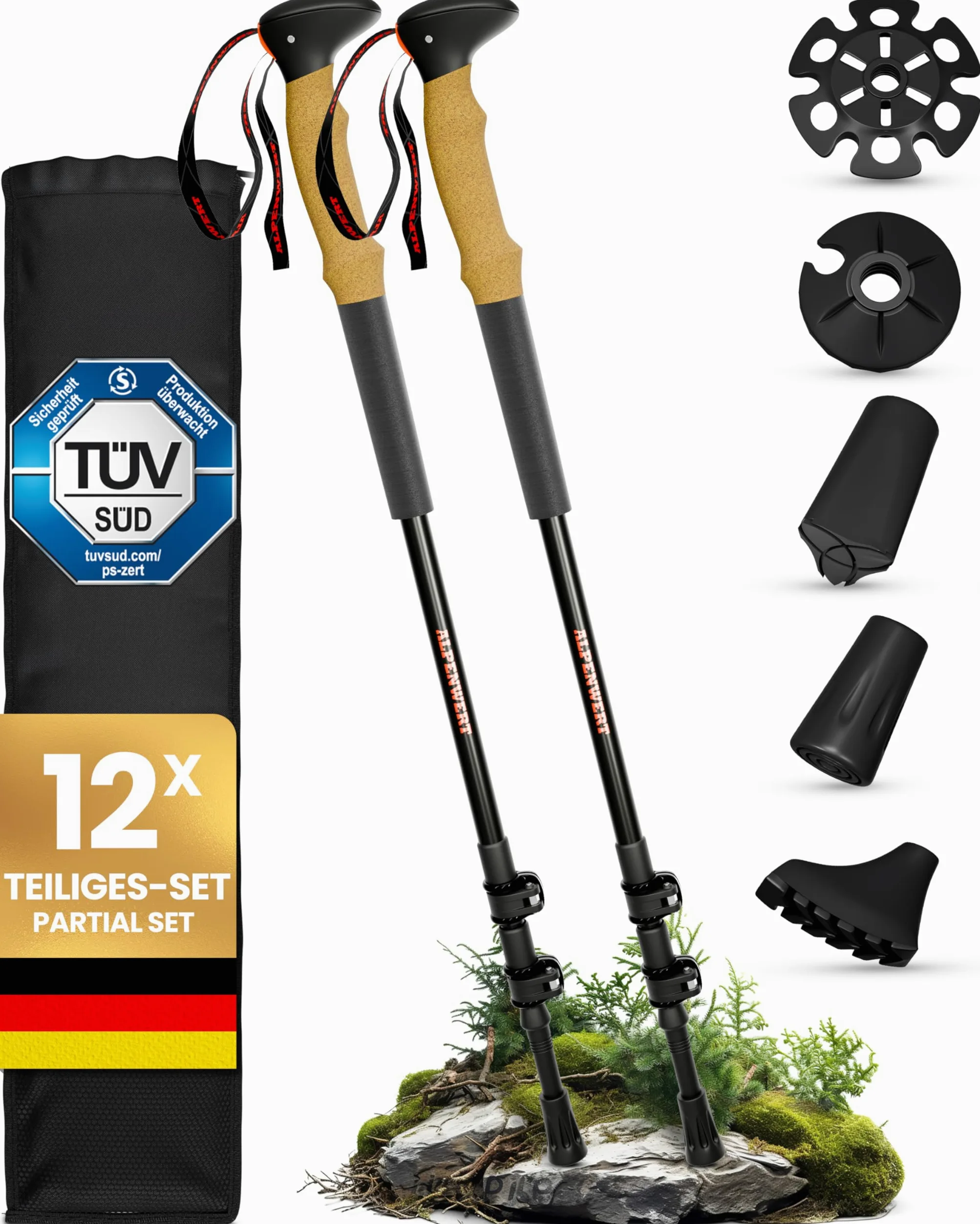 ALPENWERT Bastoni da trekking [carbonio o alluminio] Bastoni da passeggio per uomo e donna – Bastoni da trekking telescopici con manico in sughero per escursioni, nordic walking e sci alpinismo