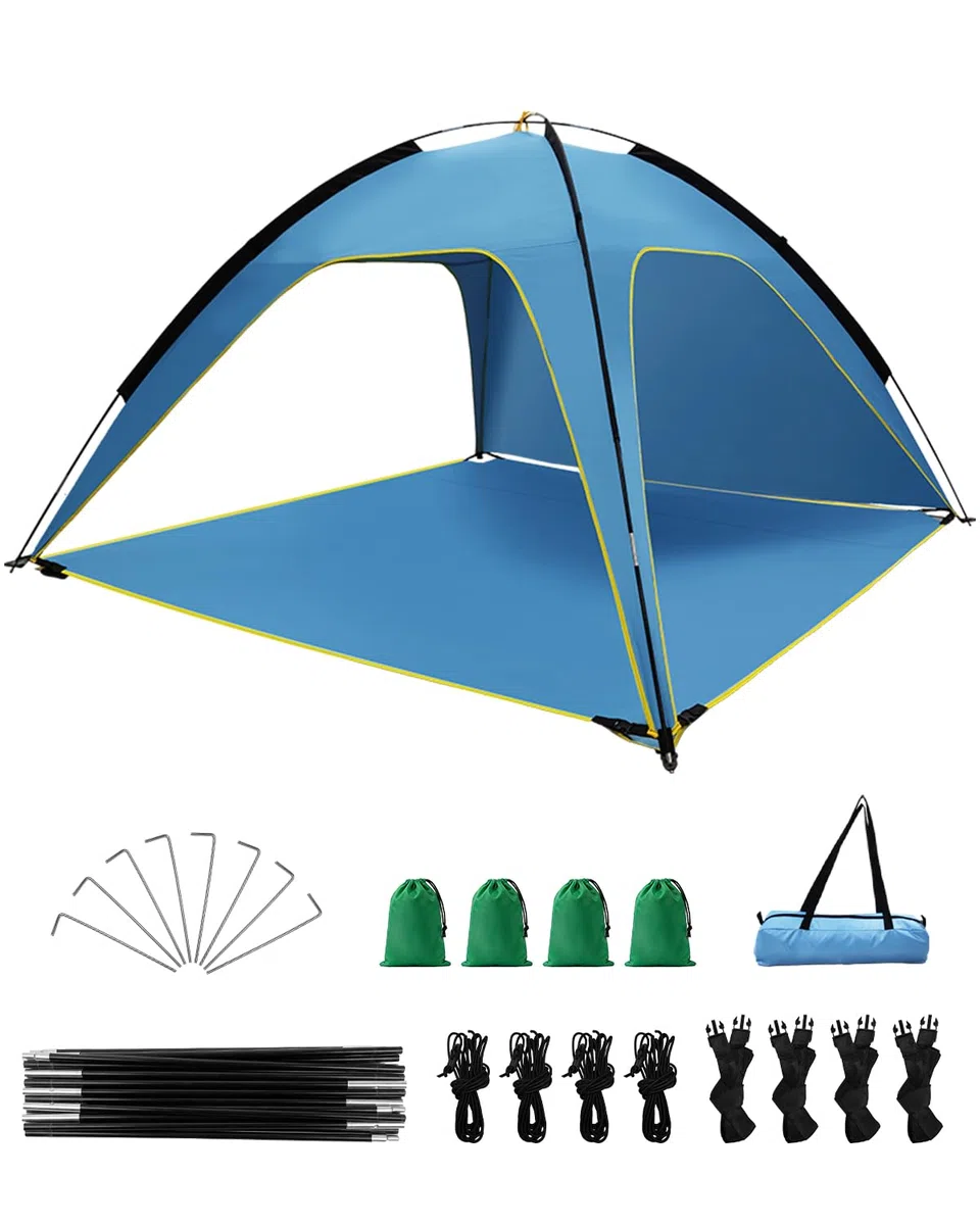 MYMULIKE Tenda da spiaggia UV50+, protezione solare, 210 x 210 x 130 cm, 4-6 persone, poliestere 190T con aste in fibra di vetro da 8 mm, portatile, con sacchi di sabbia/picchetti, per spiaggia