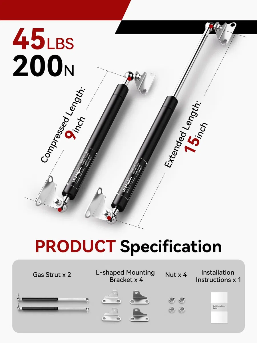 Molla ammortizzatore a gas da 38,1 cm 20,4 kg/200 N per cassetta degli attrezzi per armadietti esterni, coperture per letti per barche, coperchi per porte e altri progetti personalizzati, un set di 2