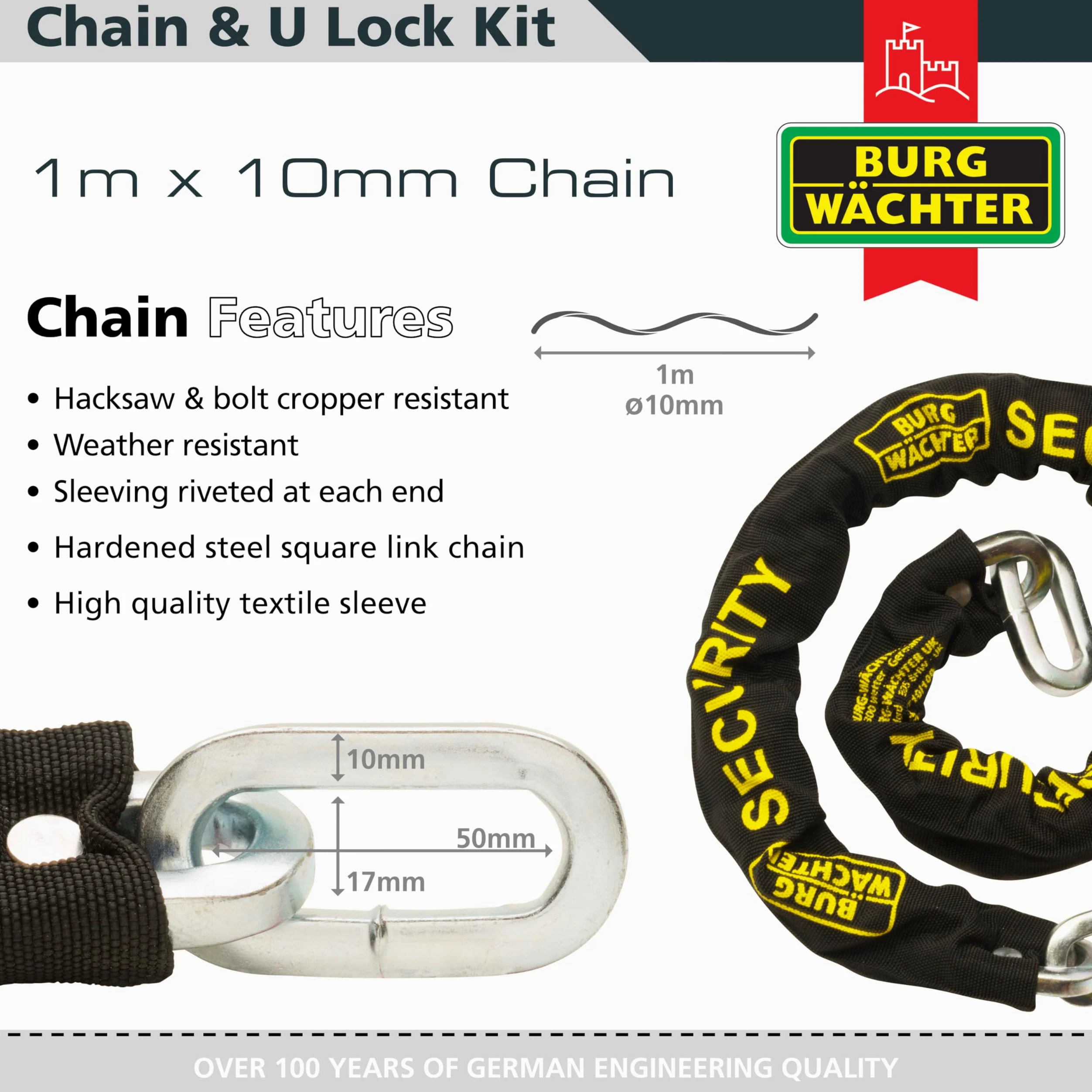 Burg-Wachter - Kit catena e lucchetto per bicicletta, 1 m, colore: Nero