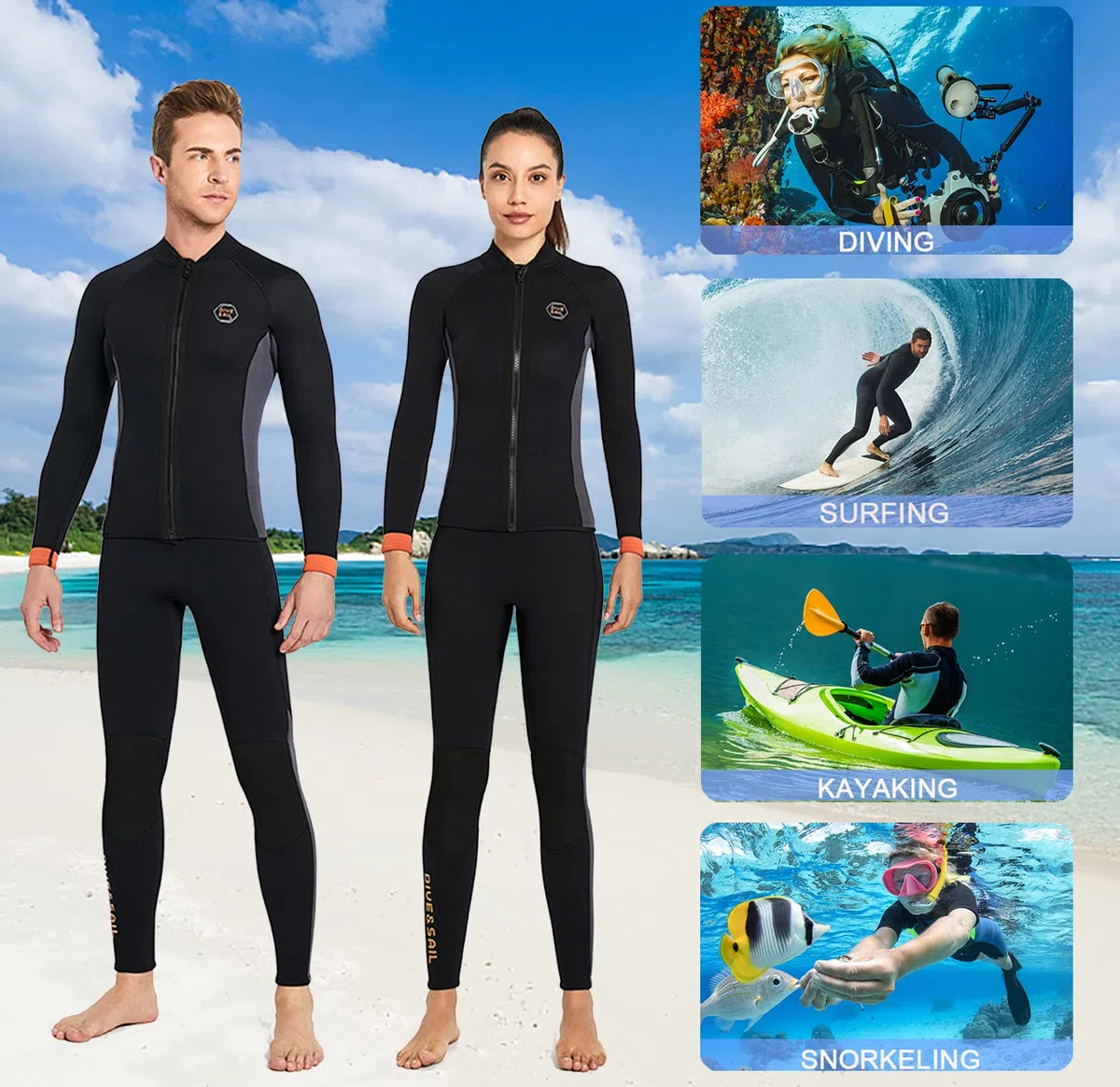 Uomo Donna Muta da 3 mm a manica lunga Zip Frontale Ultra-Stretch per immersioni, surf, snorkeling e nuoto