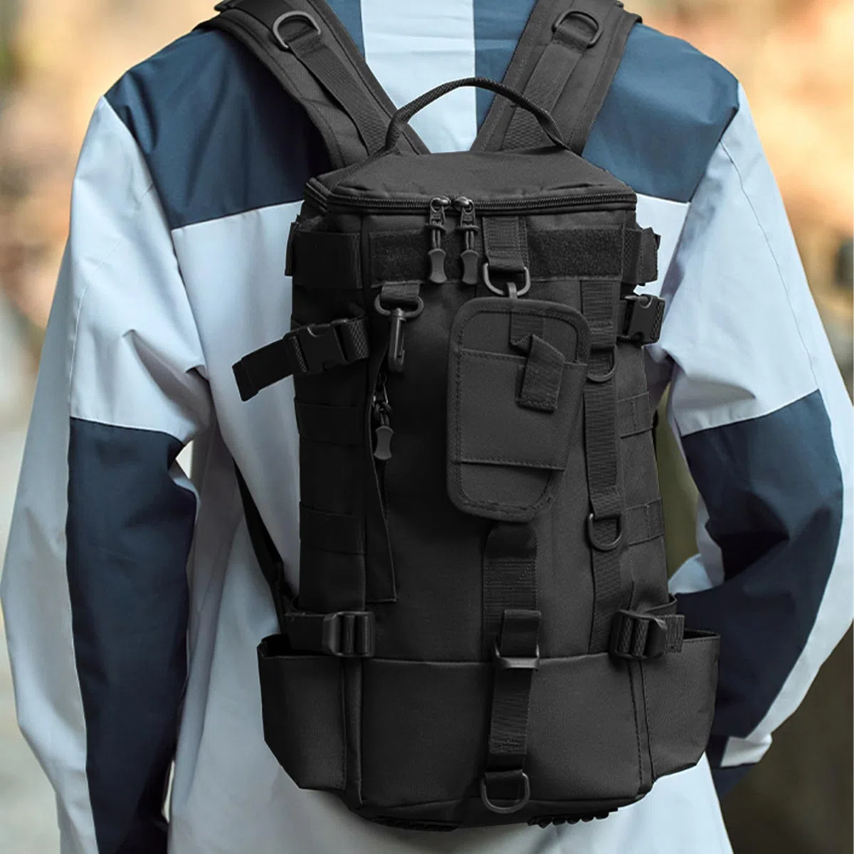 Zaino da pesca con supporto canna: 45 x 16 x 23 cm, impermeabile, per esterni, porta canna, nero, multifunzionale, militare, campeggio, sport all'aria aperta