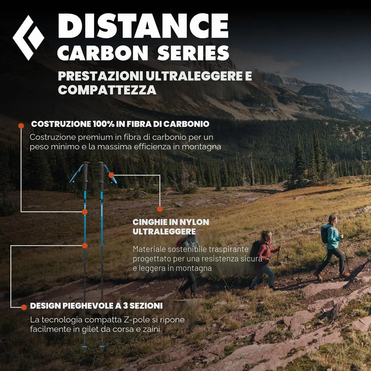 BLACK DIAMOND Distance Carbon Z Bastoni da Trekking e Running Paio di Bastoncini da Trekking Pieghevoli, Ultra Leggeri, Lunghezza Fissa, Fibra di Carbonio, Cielo Deserto, 115 cm