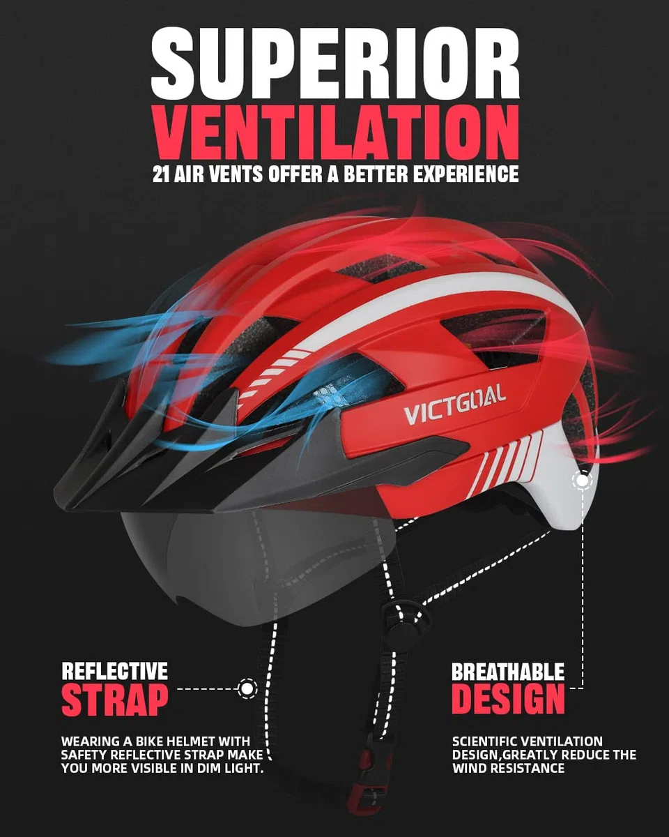 Victgoal Bike Helmet for Men Women with Led Light Detachable Magnetic Goggles Visor Mountain & Road Bicycle Helmets Adjustable Size Adult Cycling Helmets